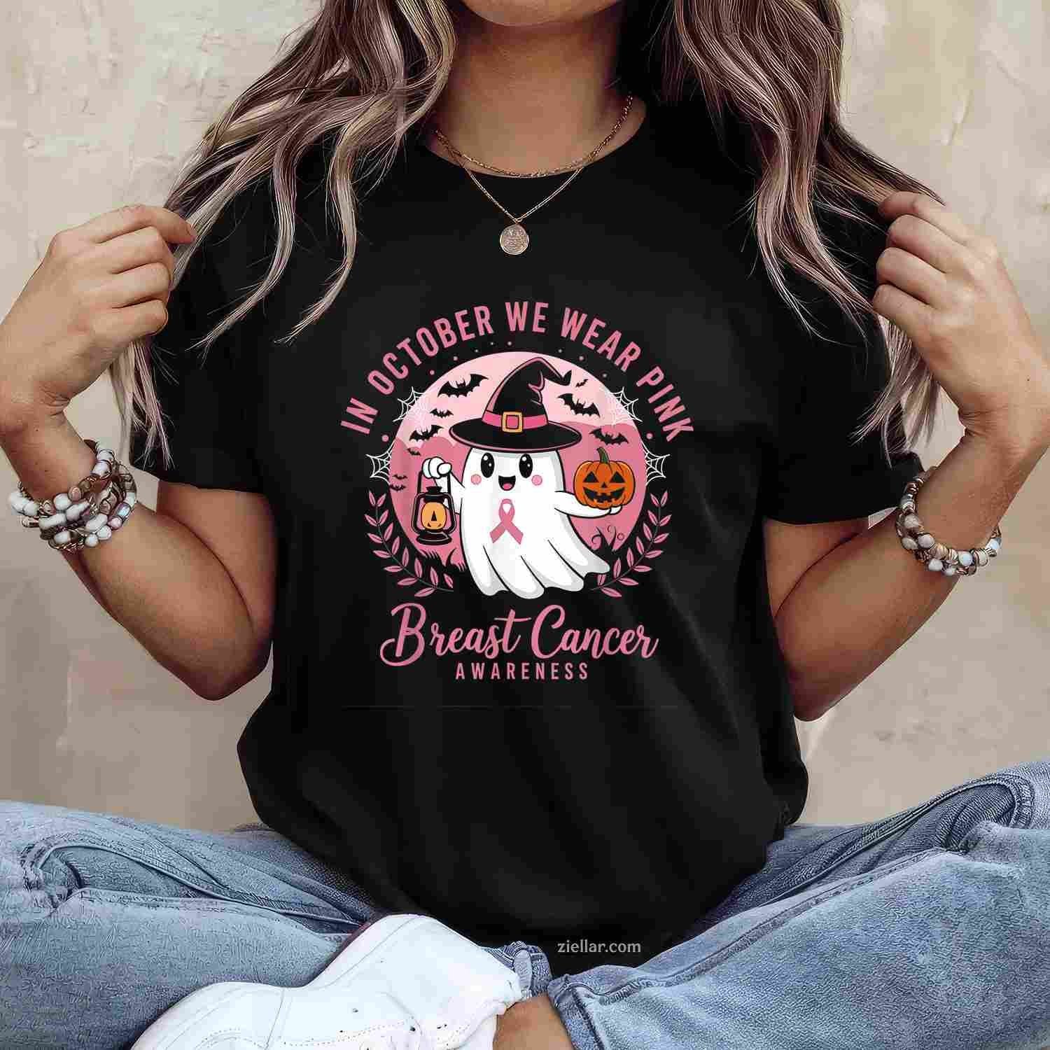 Breast Cancer s Women Halloween In October We Wear Pink Funny Graphic Tee and T-Shirt Gift for Adults Men Women Unisex