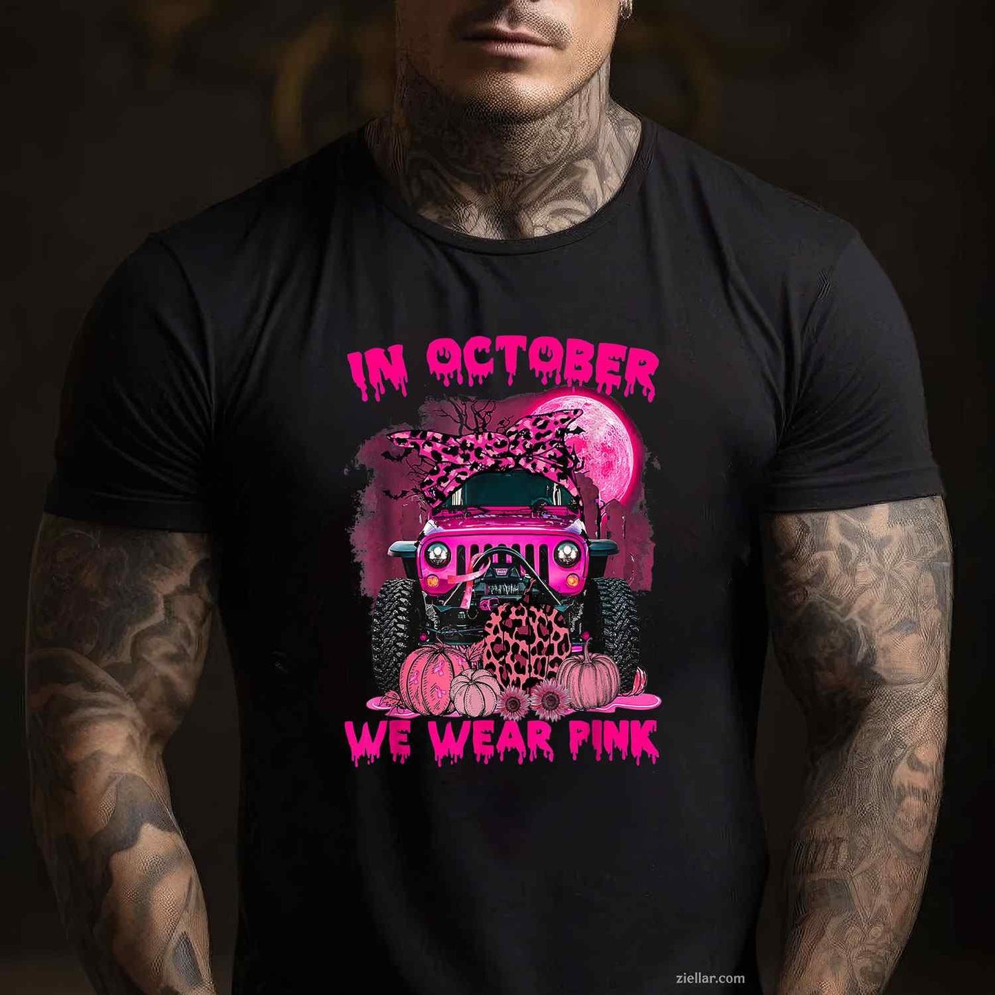 Breast Cancer Awareness In October We Wear Pink Ribbon Truck Funny Graphic Tee and T-Shirt Gift for Adults Men Women Unisex
