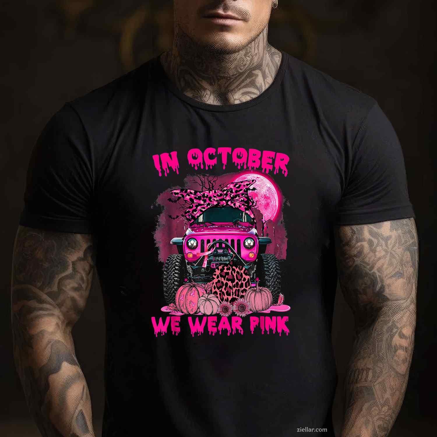 Breast Cancer Awareness In October We Wear Pink Ribbon Truck Funny Graphic Tee and T-Shirt Gift for Adults Men Women Unisex