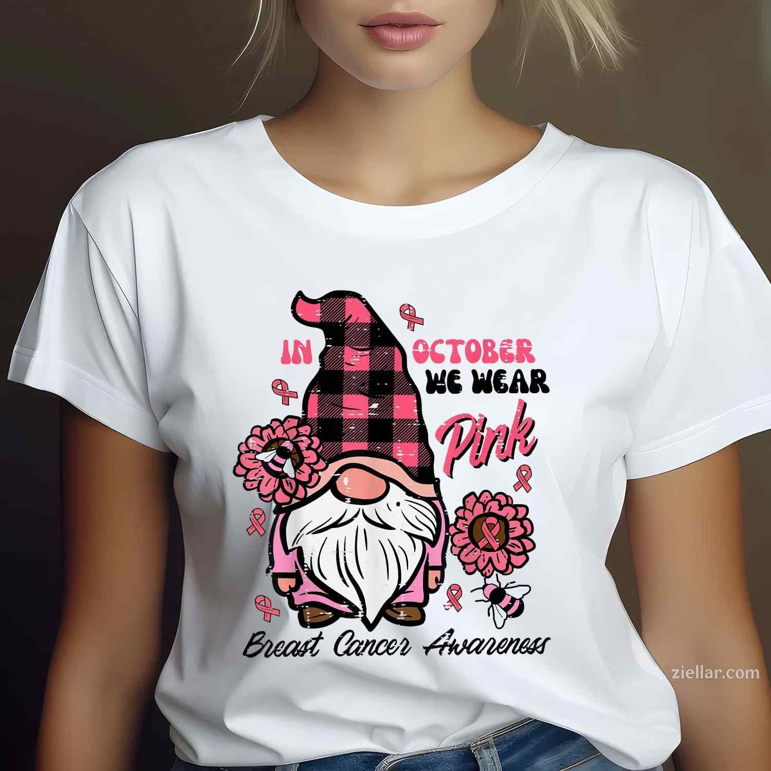 Breast Cancer Aware Gnome October We Wear Pink Women Kid Men Funny Graphic Tee and T-Shirt Gift for Adults Men Women Unisex