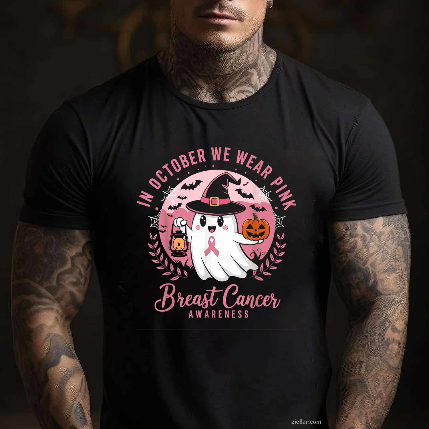 Breast Cancer s Women Halloween In October We Wear Pink Funny Graphic Tee and T-Shirt Gift for Adults Men Women Unisex