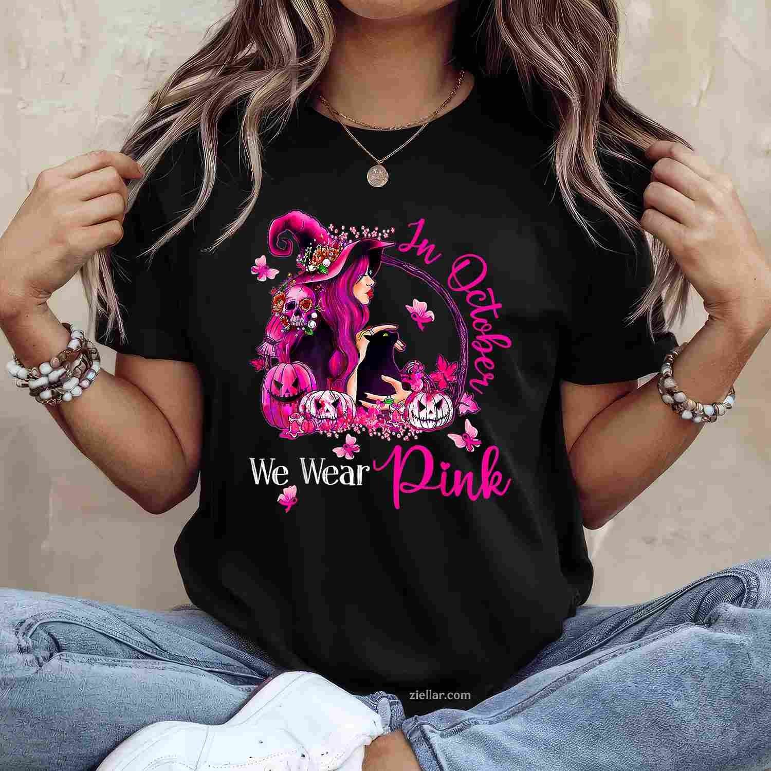 Breast Cancer Witches In October We Wear Pink Autumn Fall Funny Graphic Tee and T-Shirt Gift for Adults Men Women Unisex