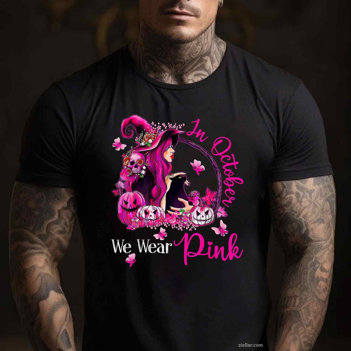 Breast Cancer Witches In October We Wear Pink Autumn Fall Funny Graphic Tee and T-Shirt Gift for Adults Men Women Unisex