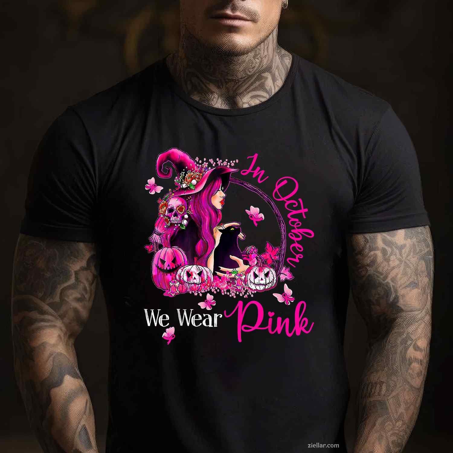 Breast Cancer Witches In October We Wear Pink Autumn Fall Funny Graphic Tee and T-Shirt Gift for Adults Men Women Unisex