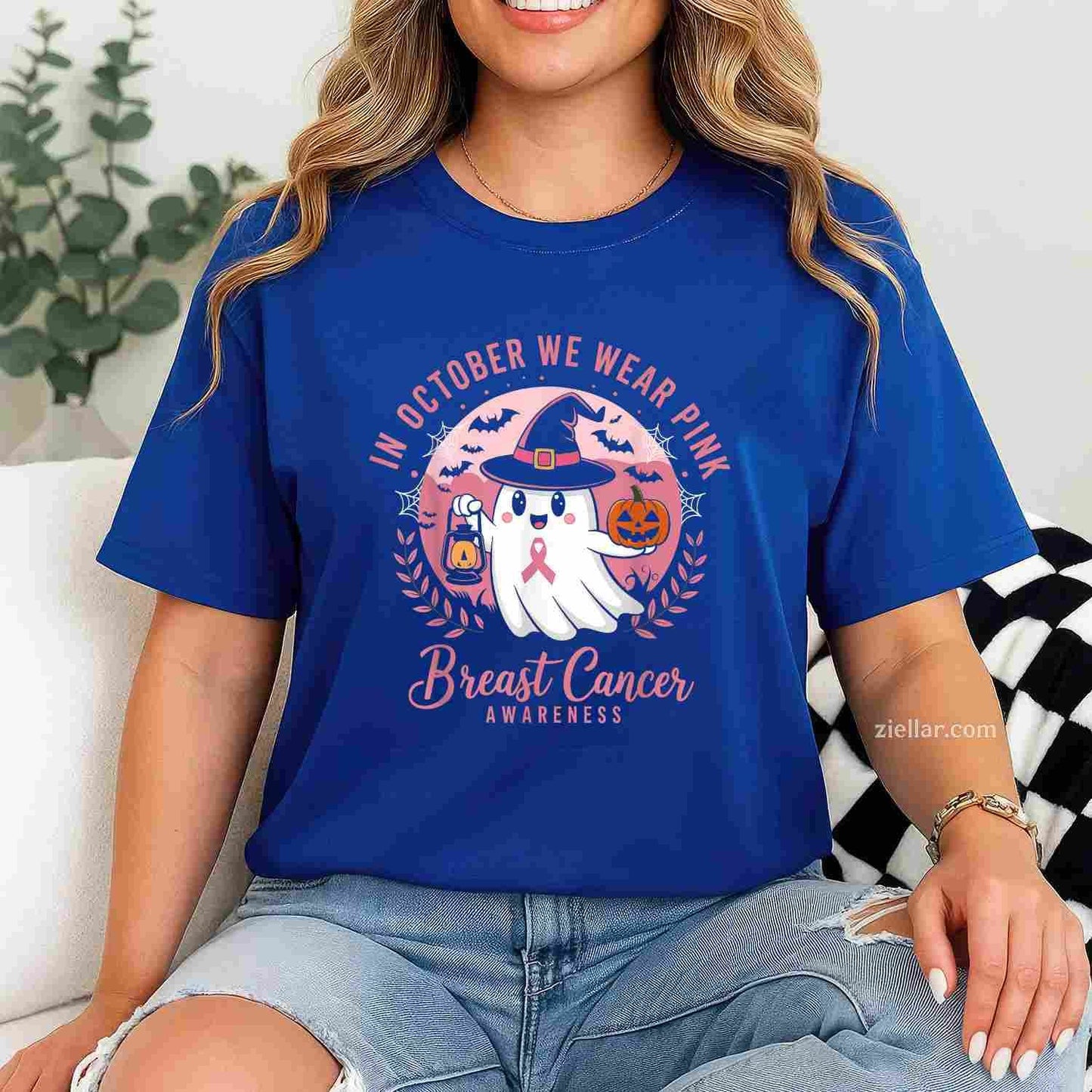 Breast Cancer s Women Halloween In October We Wear Pink Funny Graphic Tee and T-Shirt Gift for Adults Men Women Unisex