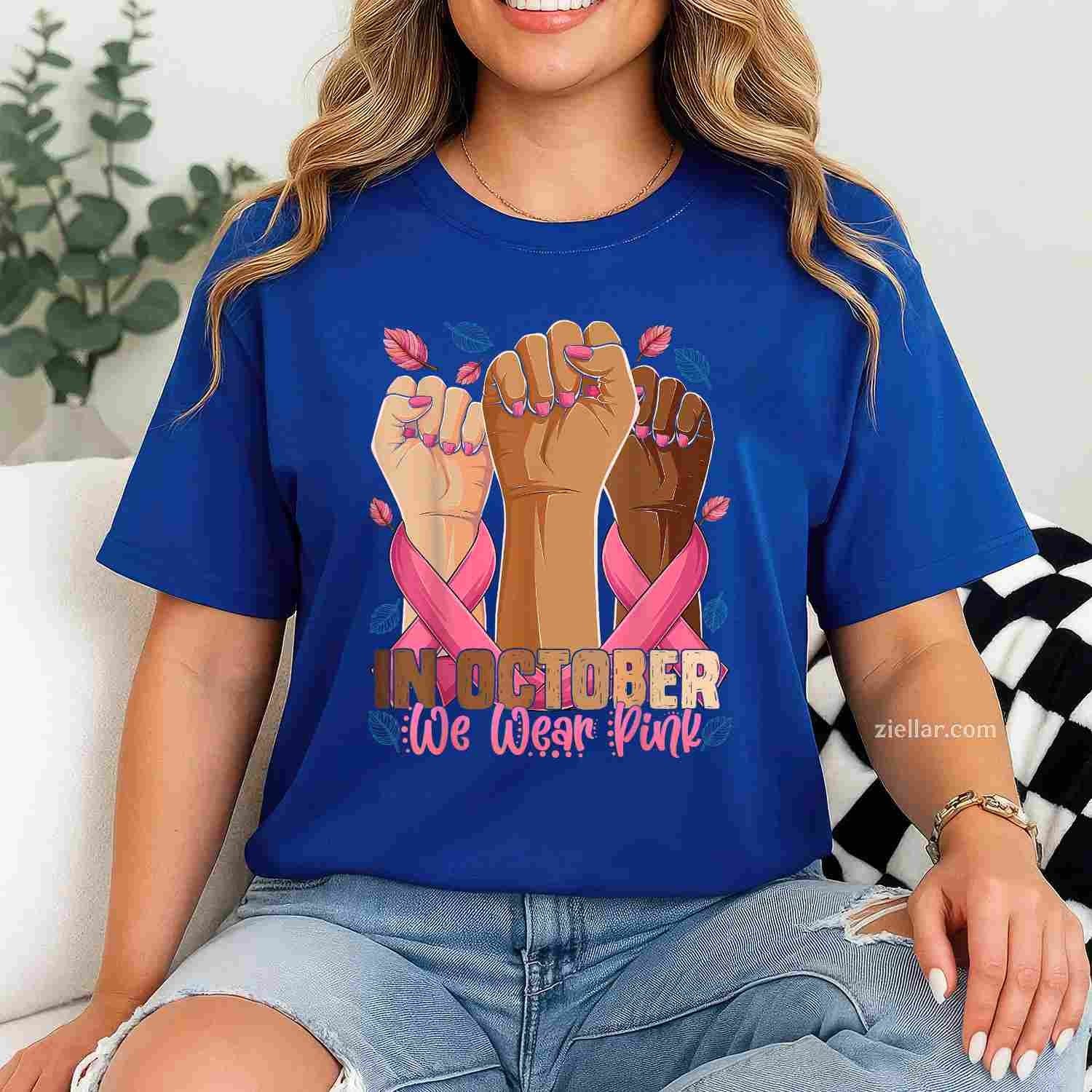 Breast Cancer Awareness Month In October We Wear Pink 2025 Funny Graphic Tee and T-Shirt Gift for Adults Men Women Unisex