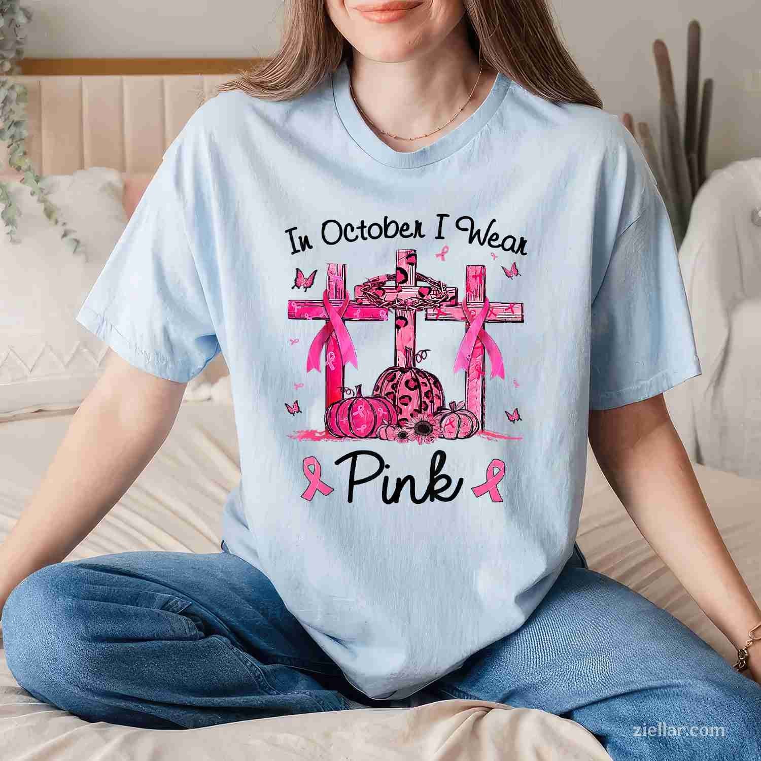 Breast cancer In october i wear Pink ribbon pumpkin Funny Graphic Tee and T-Shirt Gift for Adults Men Women Unisex