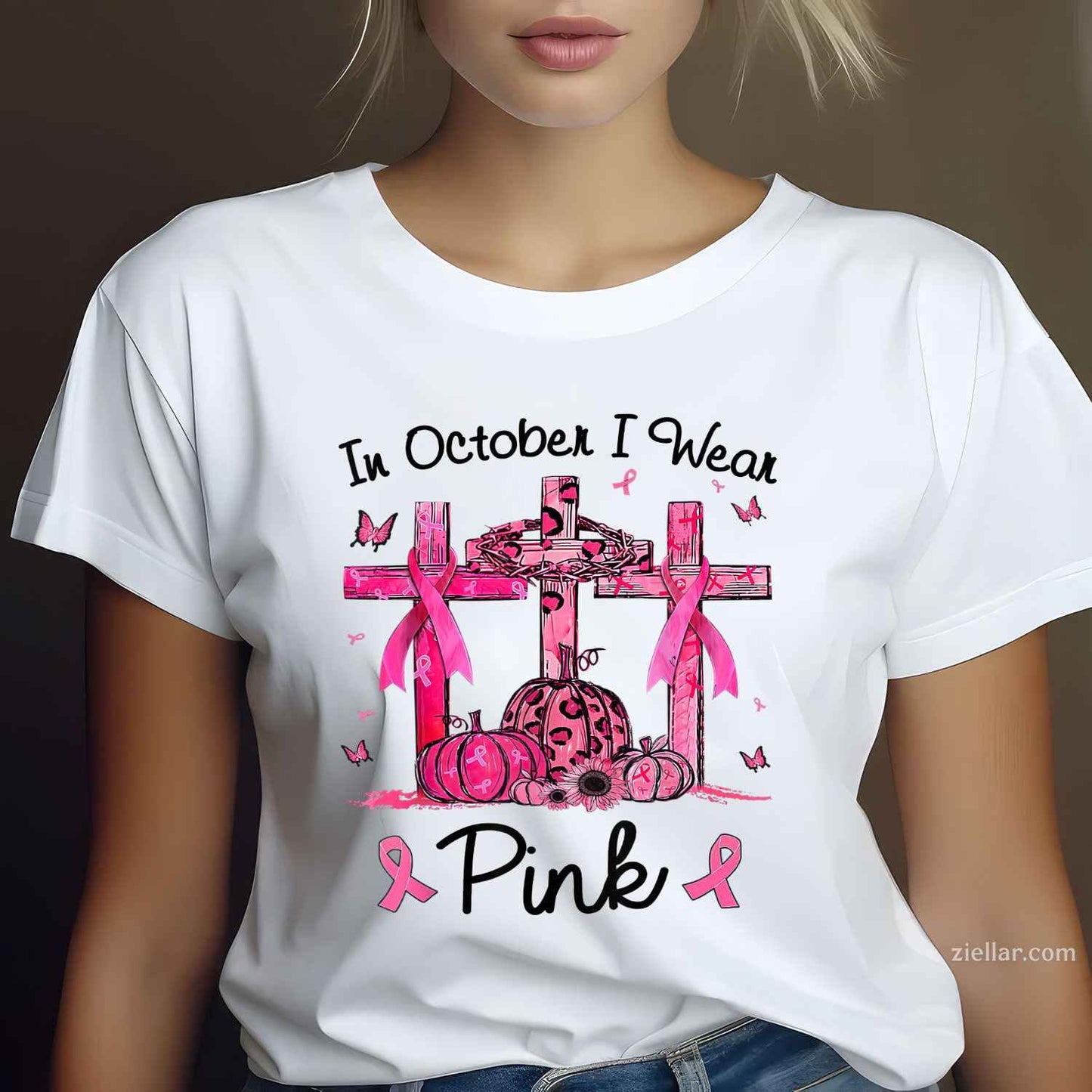 Breast cancer In october i wear Pink ribbon pumpkin Funny Graphic Tee and T-Shirt Gift for Adults Men Women Unisex
