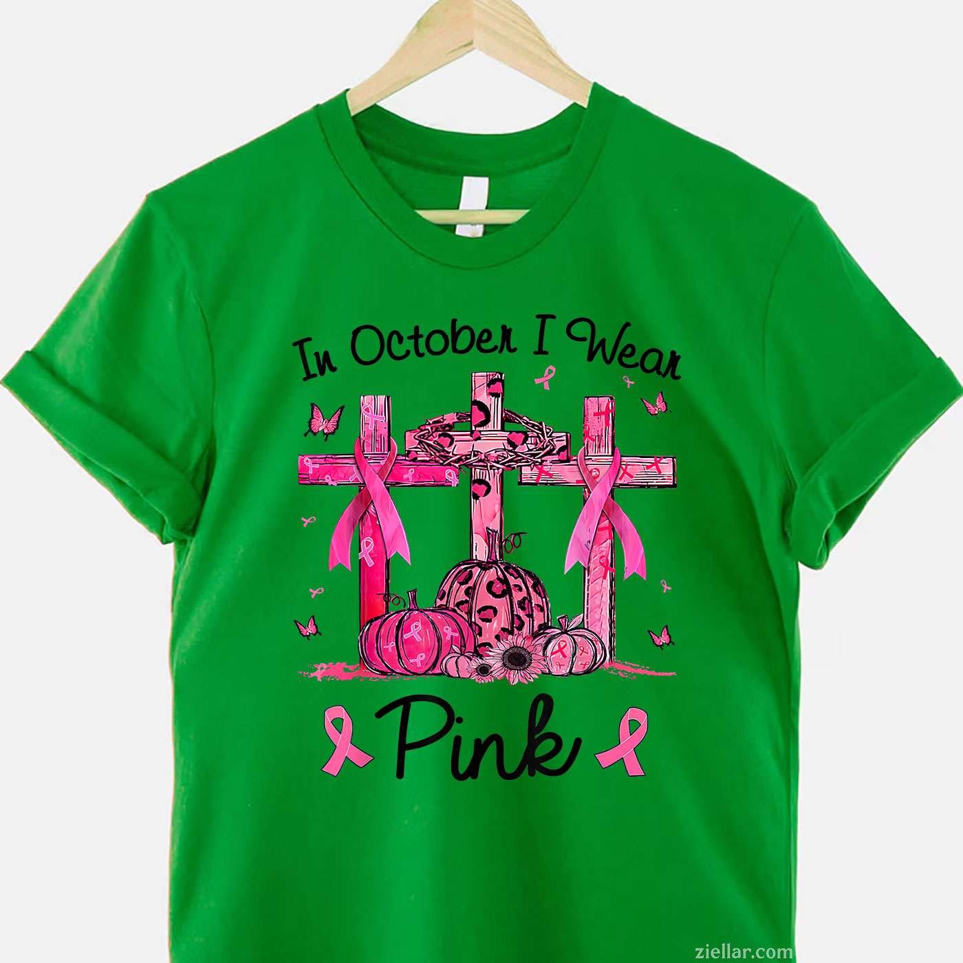 Breast cancer In october i wear Pink ribbon pumpkin Funny Graphic Tee and T-Shirt Gift for Adults Men Women Unisex
