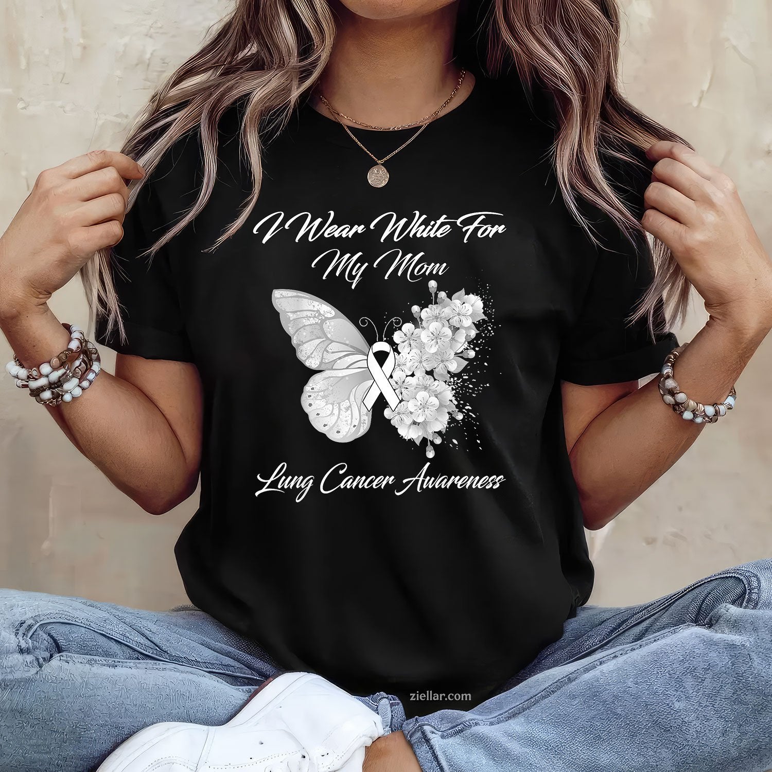 Butterfly I Wear White For My Mom Lung Cancer Awareness T-Shirt