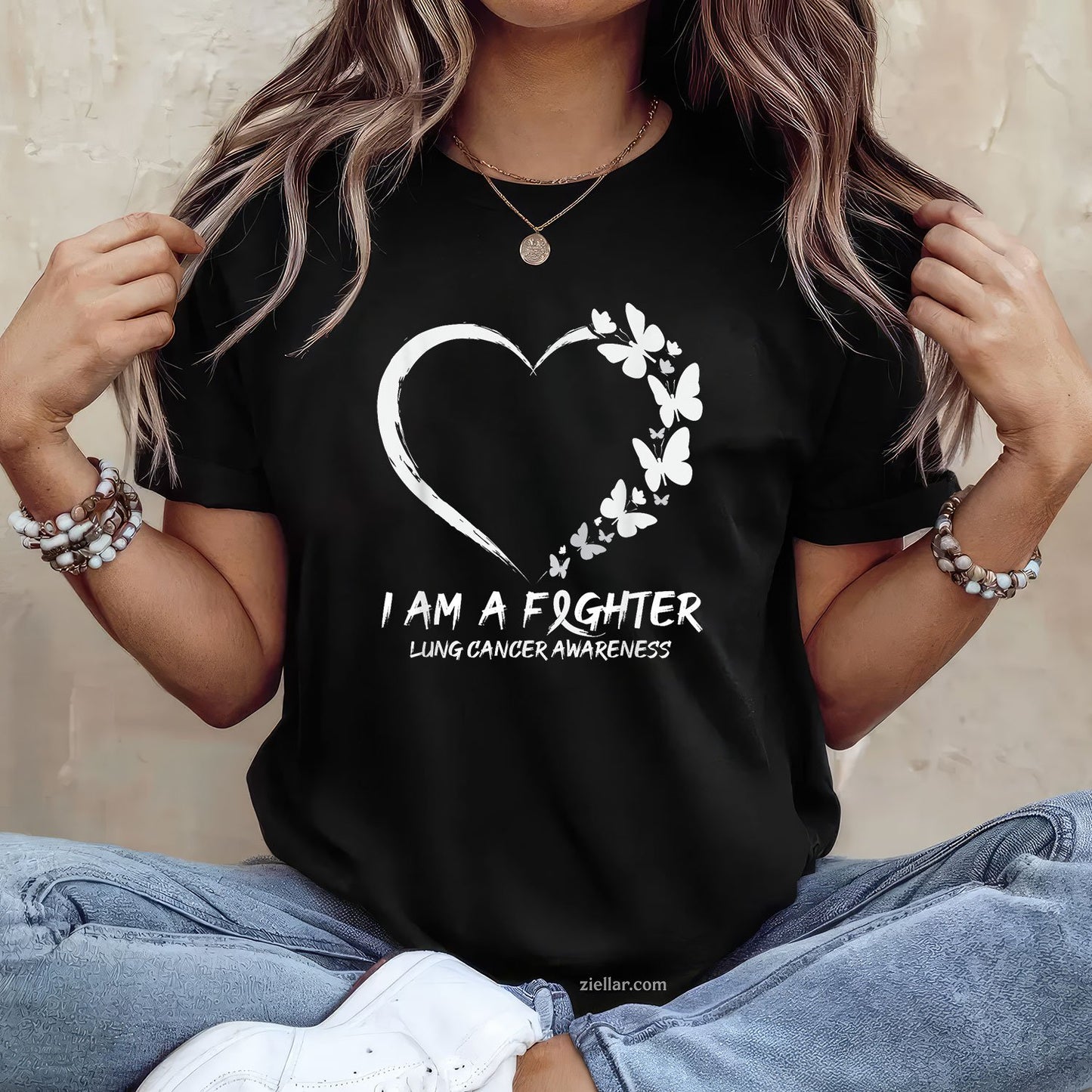 Butterfly Heart I Am A Fighter Lung Cancer Awareness T-Shirt