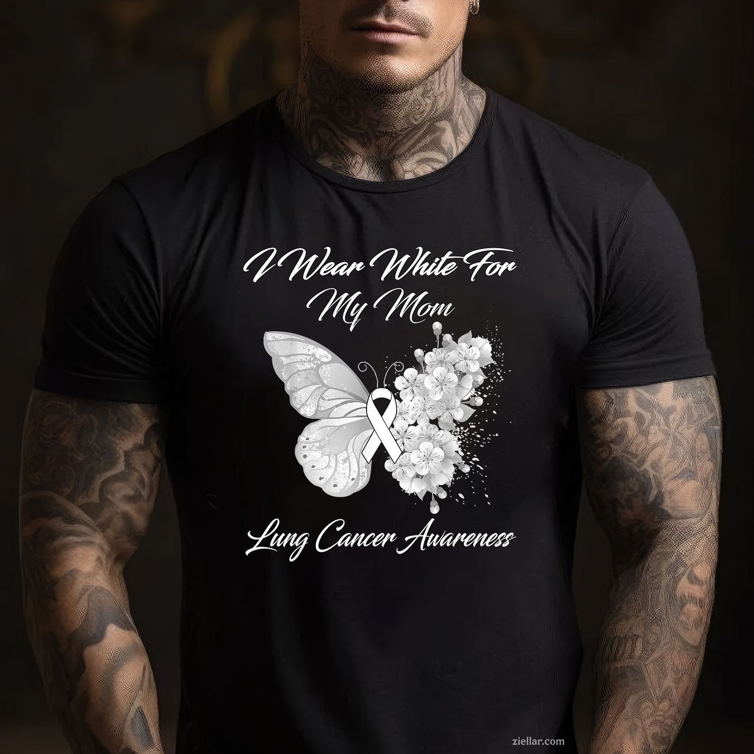 Butterfly I Wear White For My Mom Lung Cancer Awareness T-Shirt