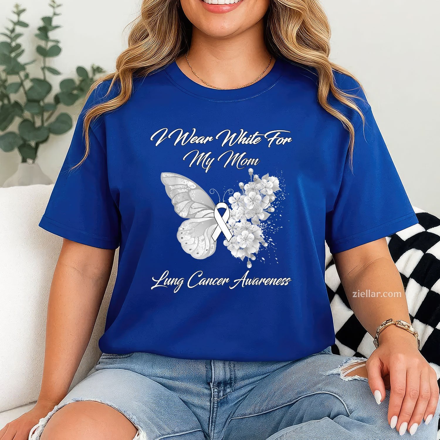 Butterfly I Wear White For My Mom Lung Cancer Awareness T-Shirt