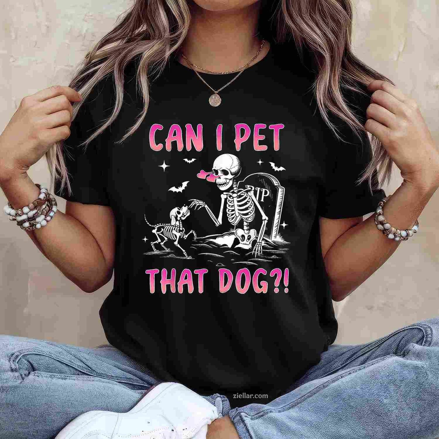 Can I Pet That Dog T-Shirt, Funny Skeleton Dog Lover Halloween Spooky Graphic Tee For Adults