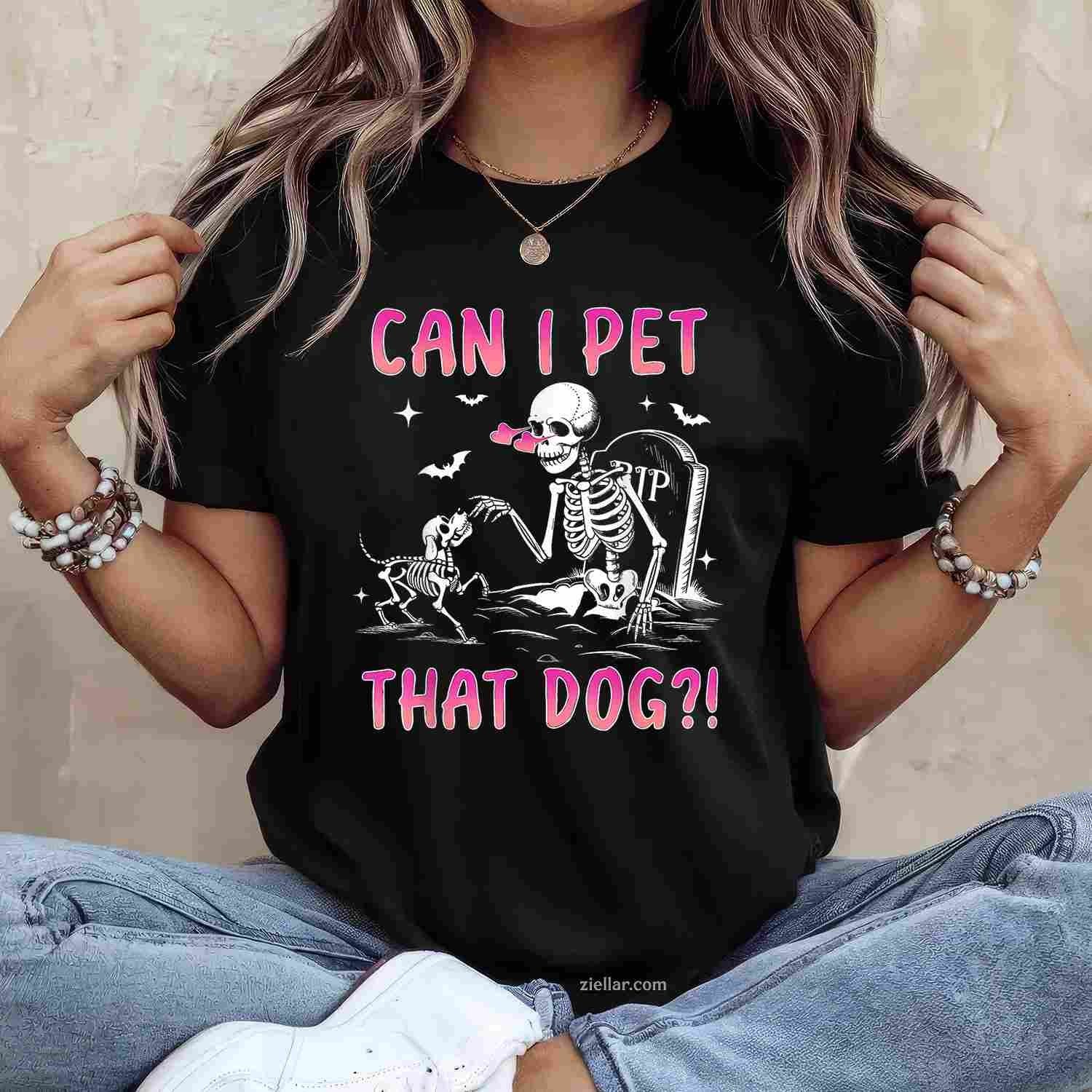 Can I Pet That Dog T-Shirt, Funny Skeleton Dog Lover Halloween Spooky Graphic Tee For Adults