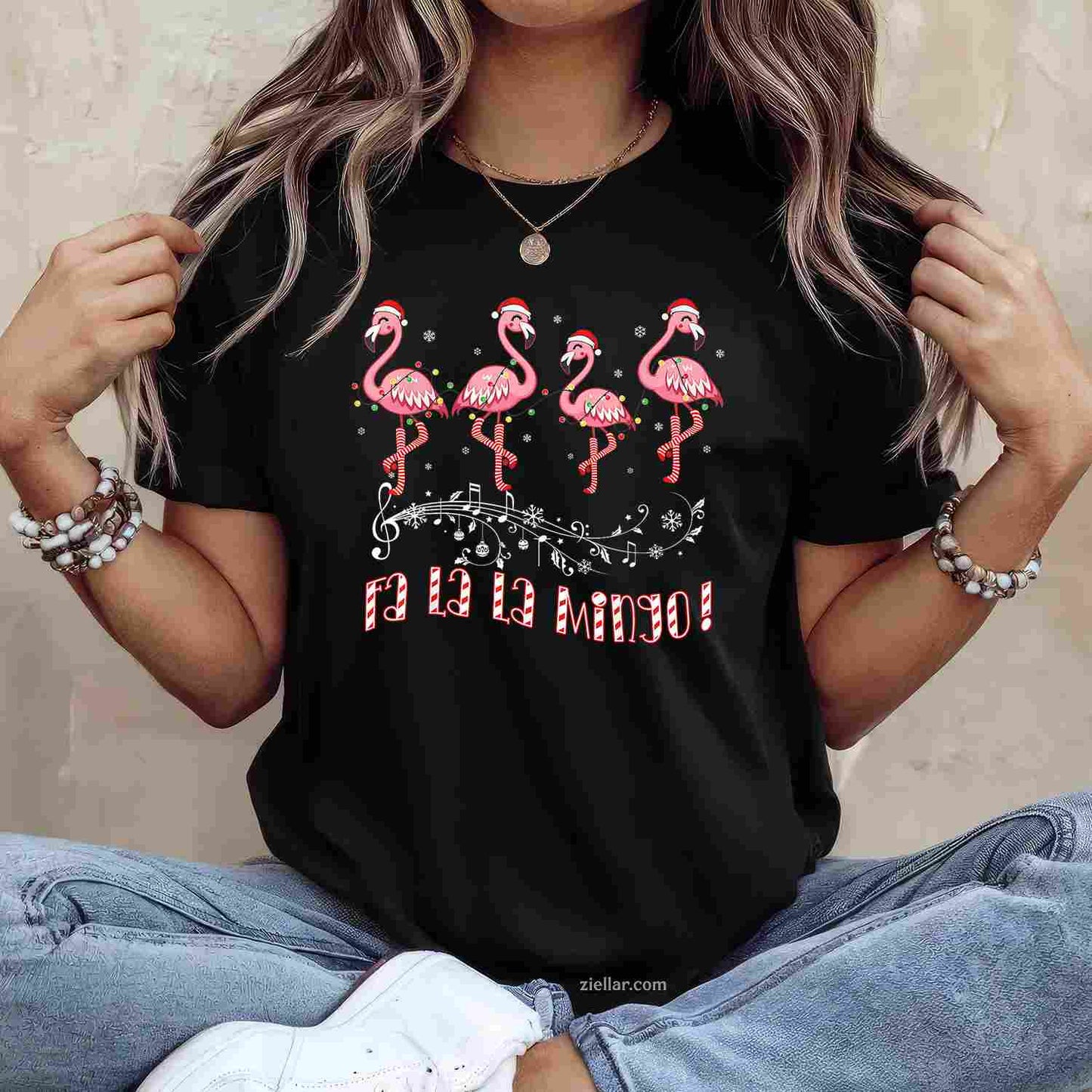 Candy Cane Flamingoes Fa La La Mingo Flamingo Christmas T-Shirt, A Fa La La Mingo Flamingo Christmas Tee