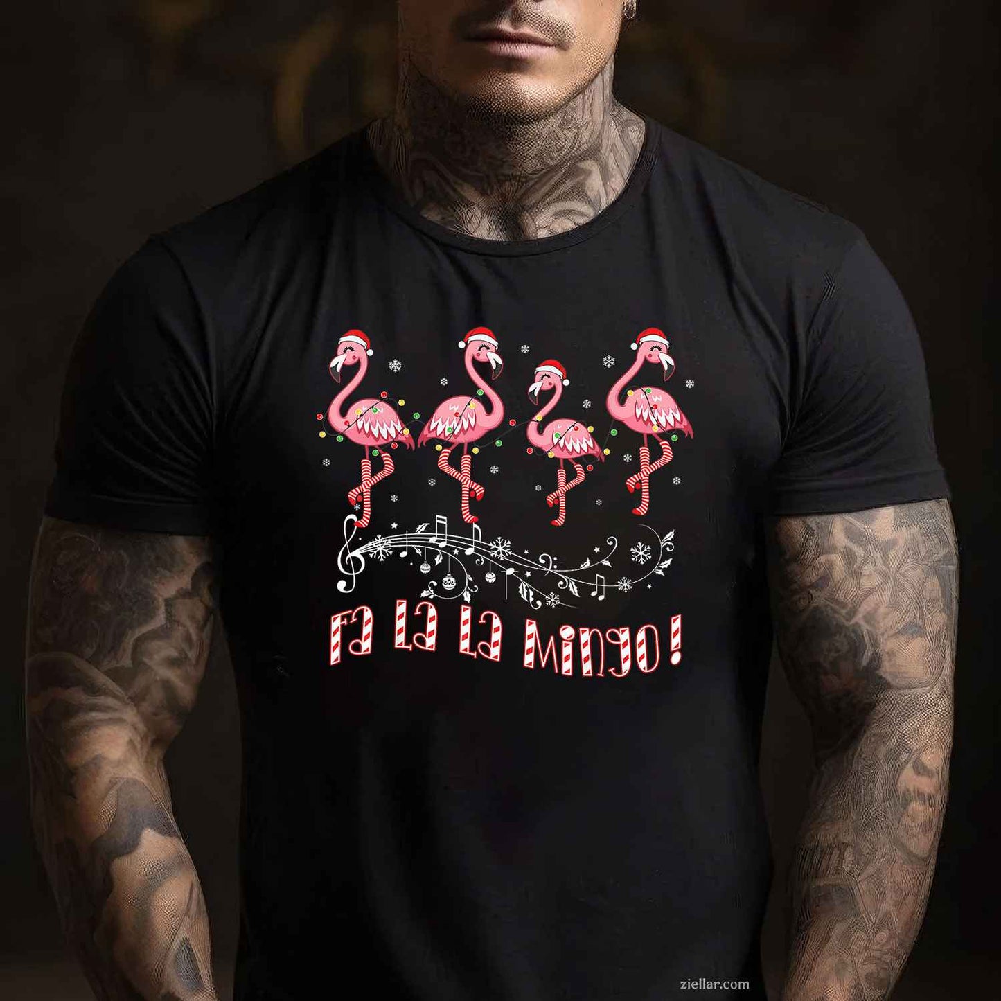 Candy Cane Flamingoes Fa La La Mingo Flamingo Christmas T-Shirt, A Fa La La Mingo Flamingo Christmas Tee