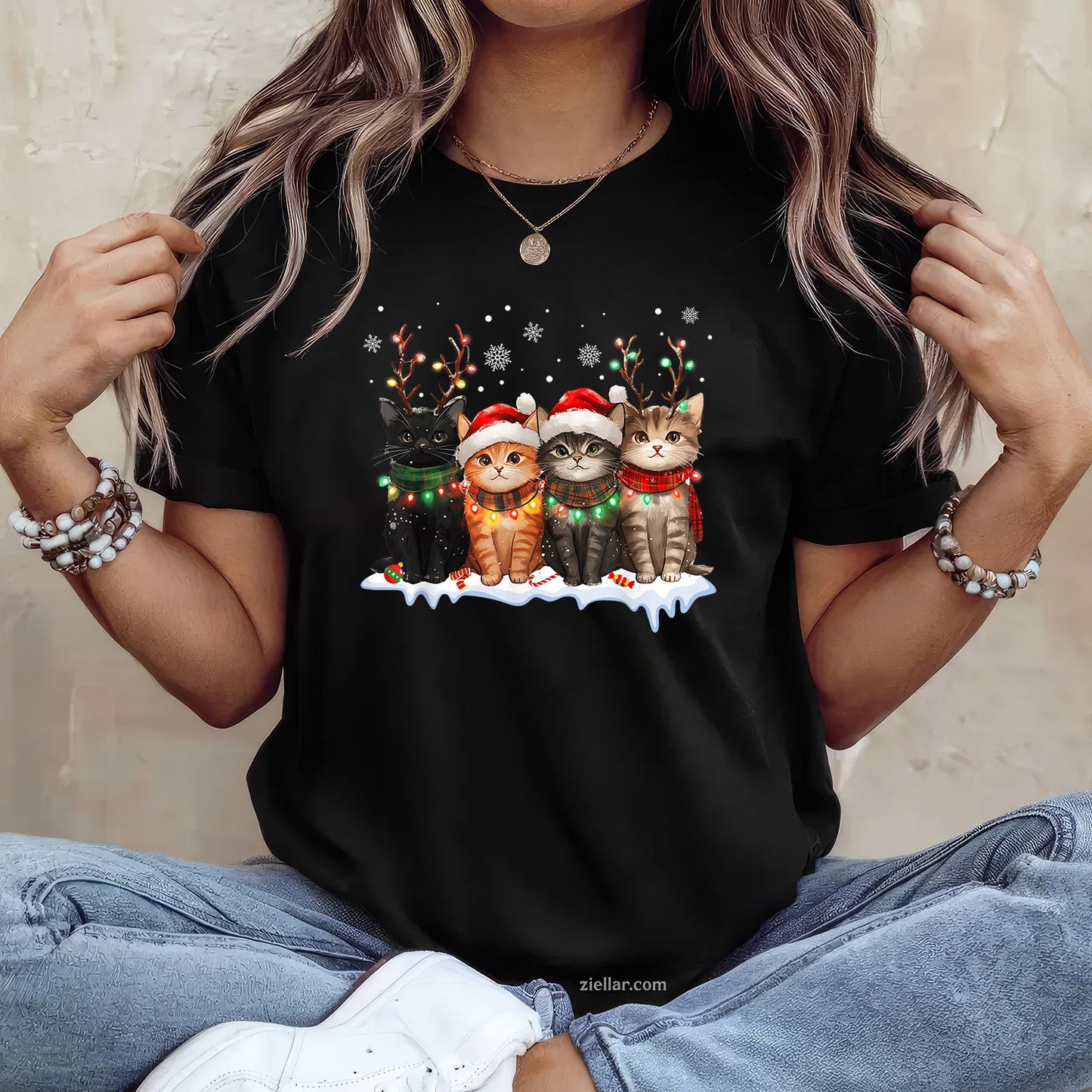 Cat Christmas Lights Tee and T-Shirt, Reindeer Santa T-Shirt for Cat Lovers Adults