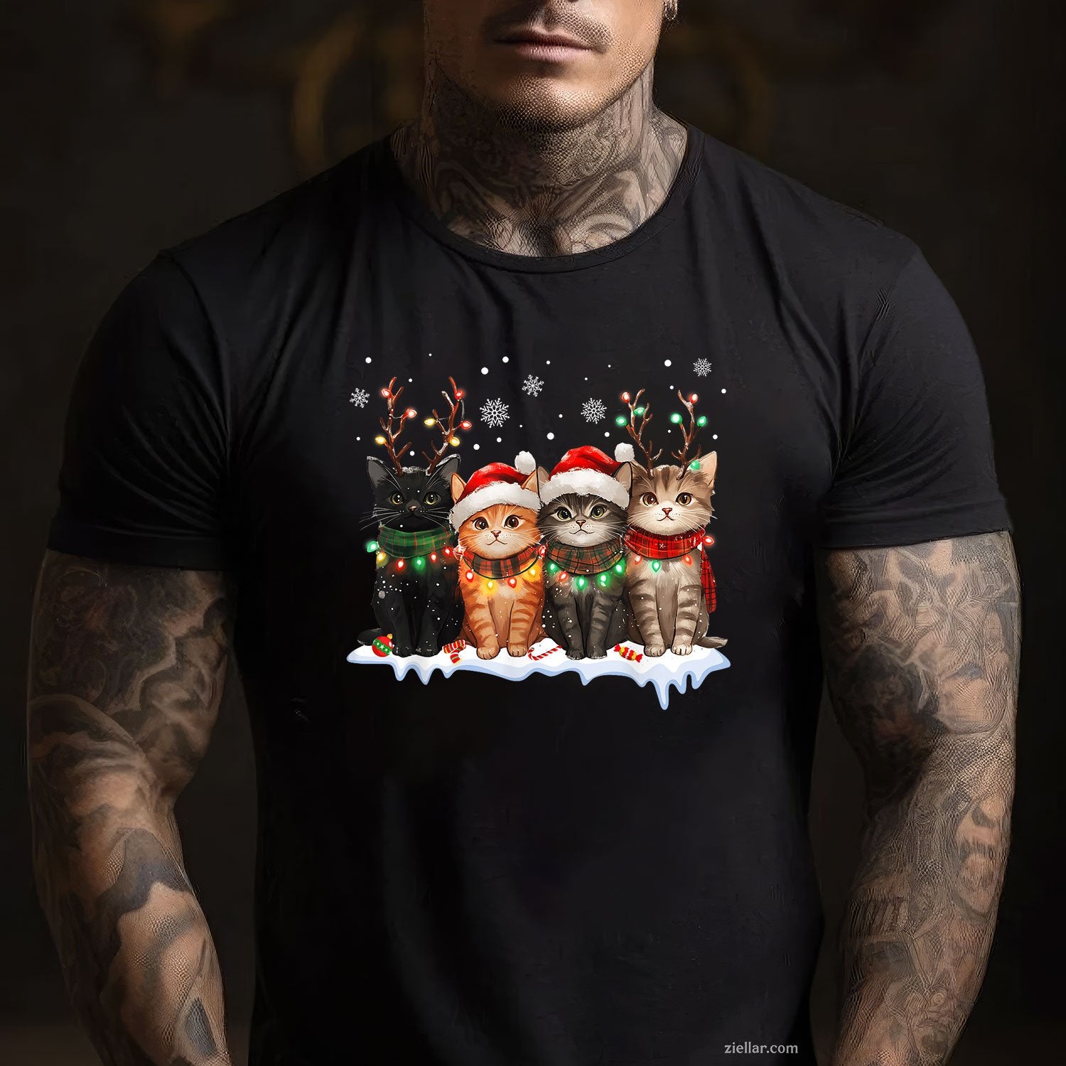 Cat Christmas Lights Tee and T-Shirt, Reindeer Santa T-Shirt for Cat Lovers Adults