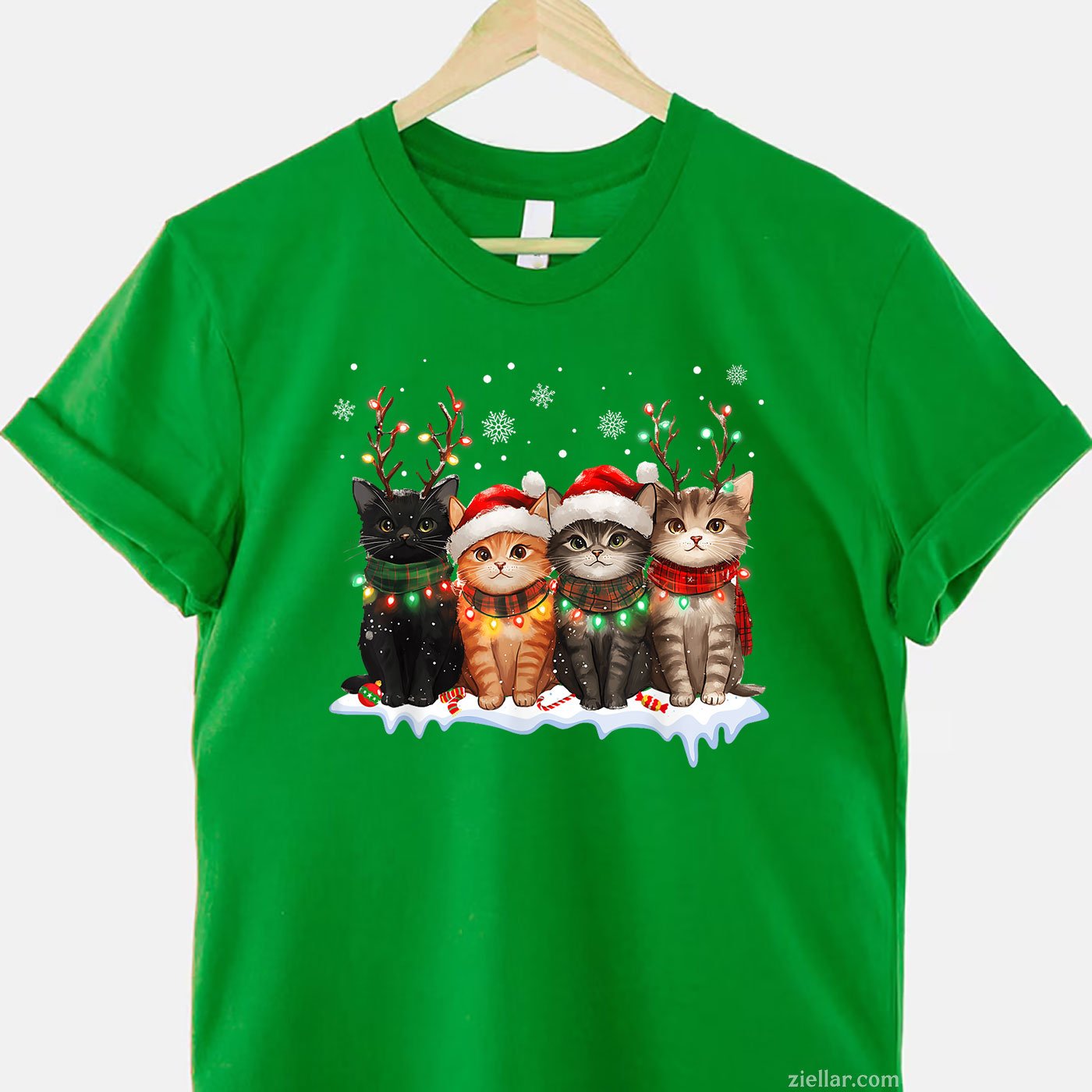 Cat Christmas Lights Tee and T-Shirt, Reindeer Santa T-Shirt for Cat Lovers Adults