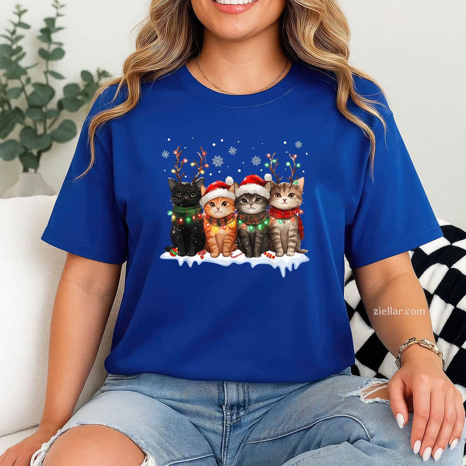 Cat Christmas Lights Tee and T-Shirt, Reindeer Santa T-Shirt for Cat Lovers Adults