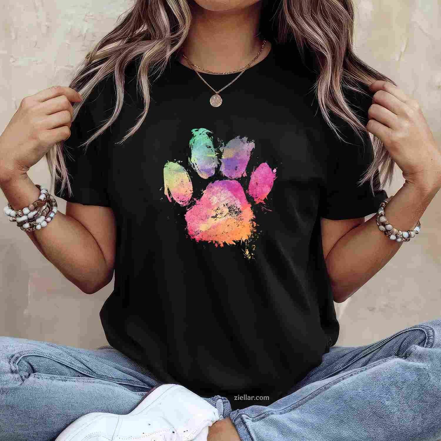 Cat Dog Paw Print Watercolor Rainbow T-Shirt, Abstract Animal Lover Vintage Graphic Tee For Adults Unisex