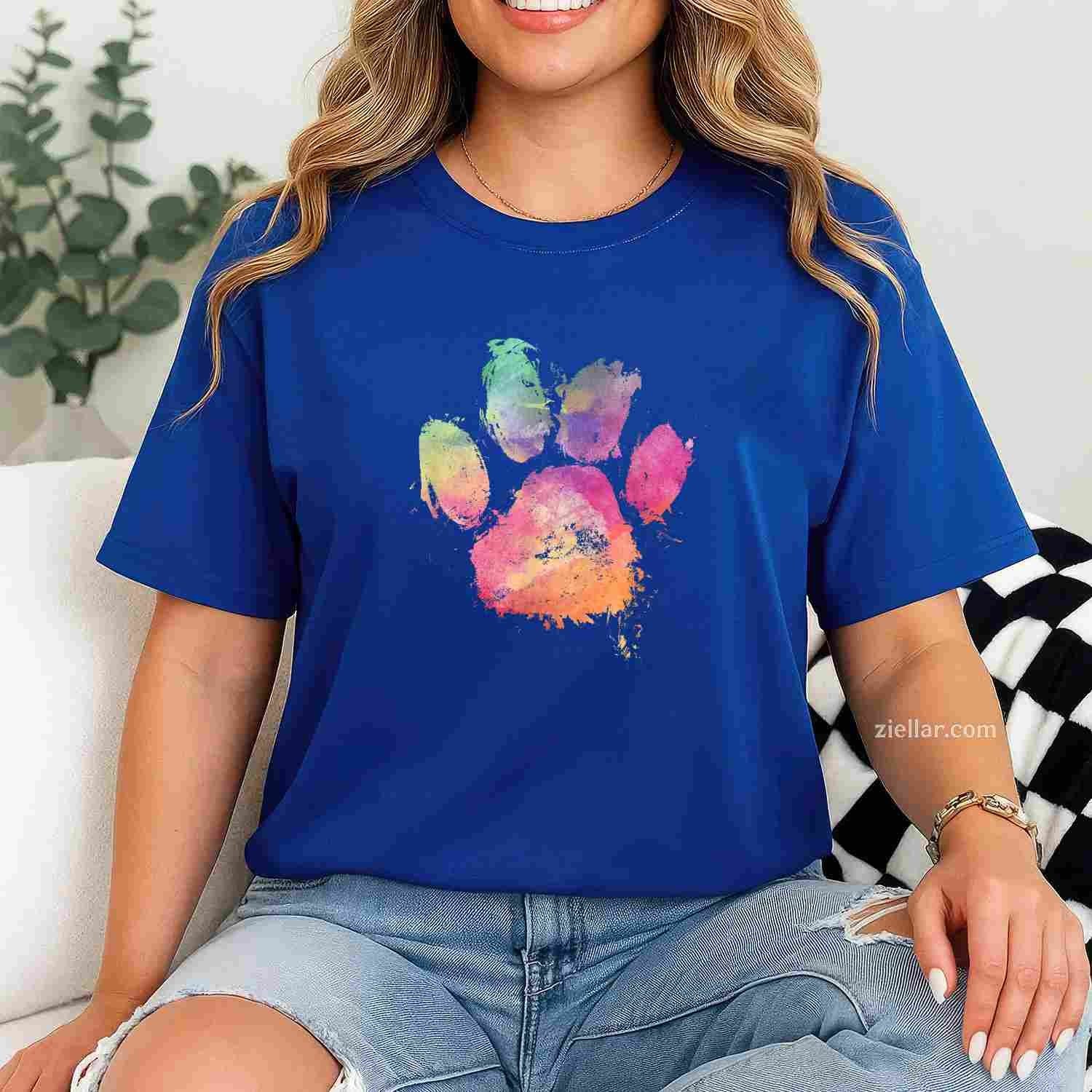 Cat Dog Paw Print Watercolor Rainbow T-Shirt, Abstract Animal Lover Vintage Graphic Tee For Adults Unisex