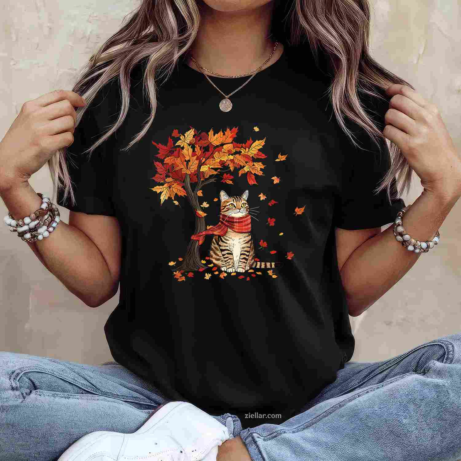 Cat Leaf Fall Tree Hello Autumn Thanksgiving It's Fall Y'all T-Shirt and Tee for Adults Men Women Unisex