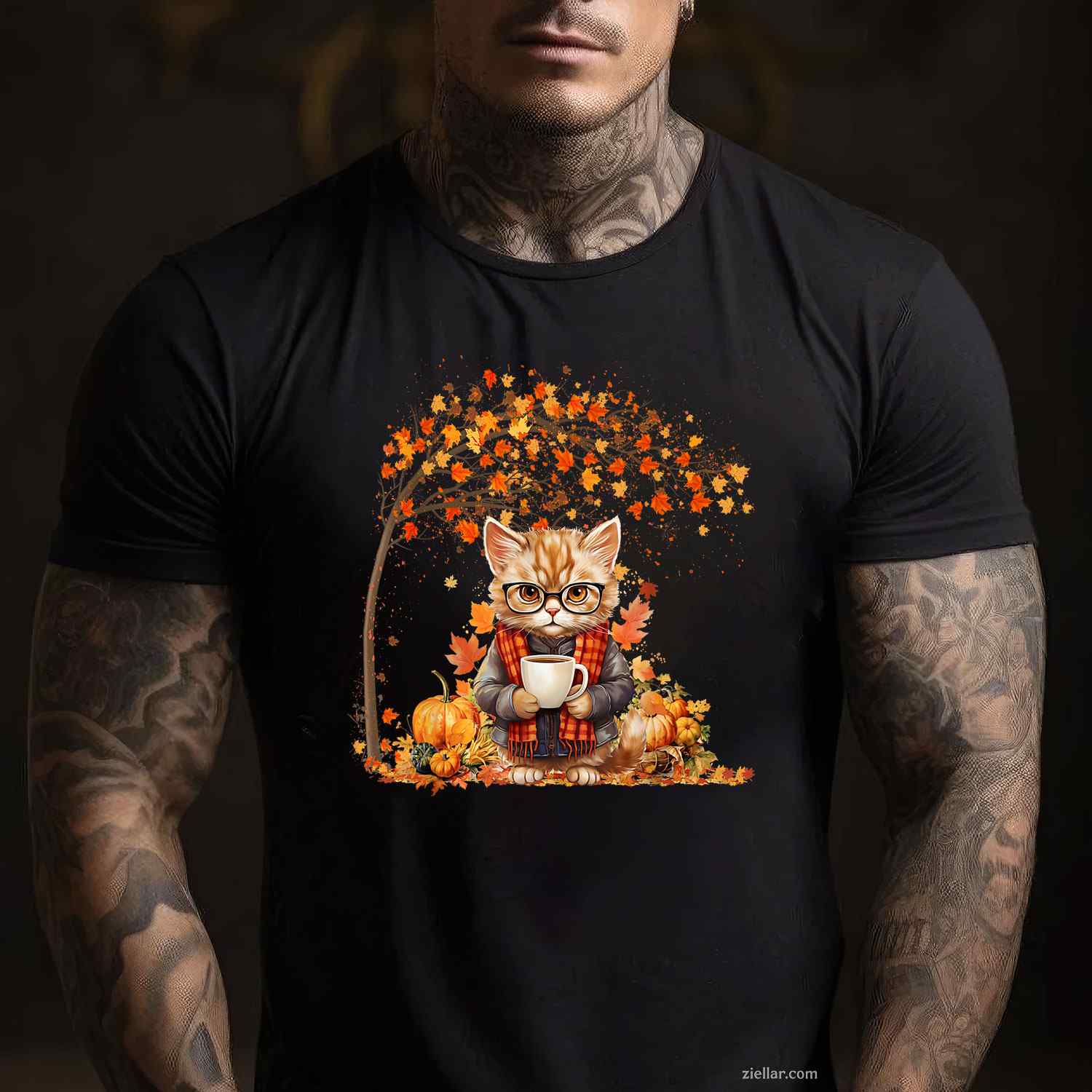 Cat Leaf Fall Hello Autumn Cat Kitten Lover Thanksgiving T-Shirt and Tee for Adults Men Women Unisex