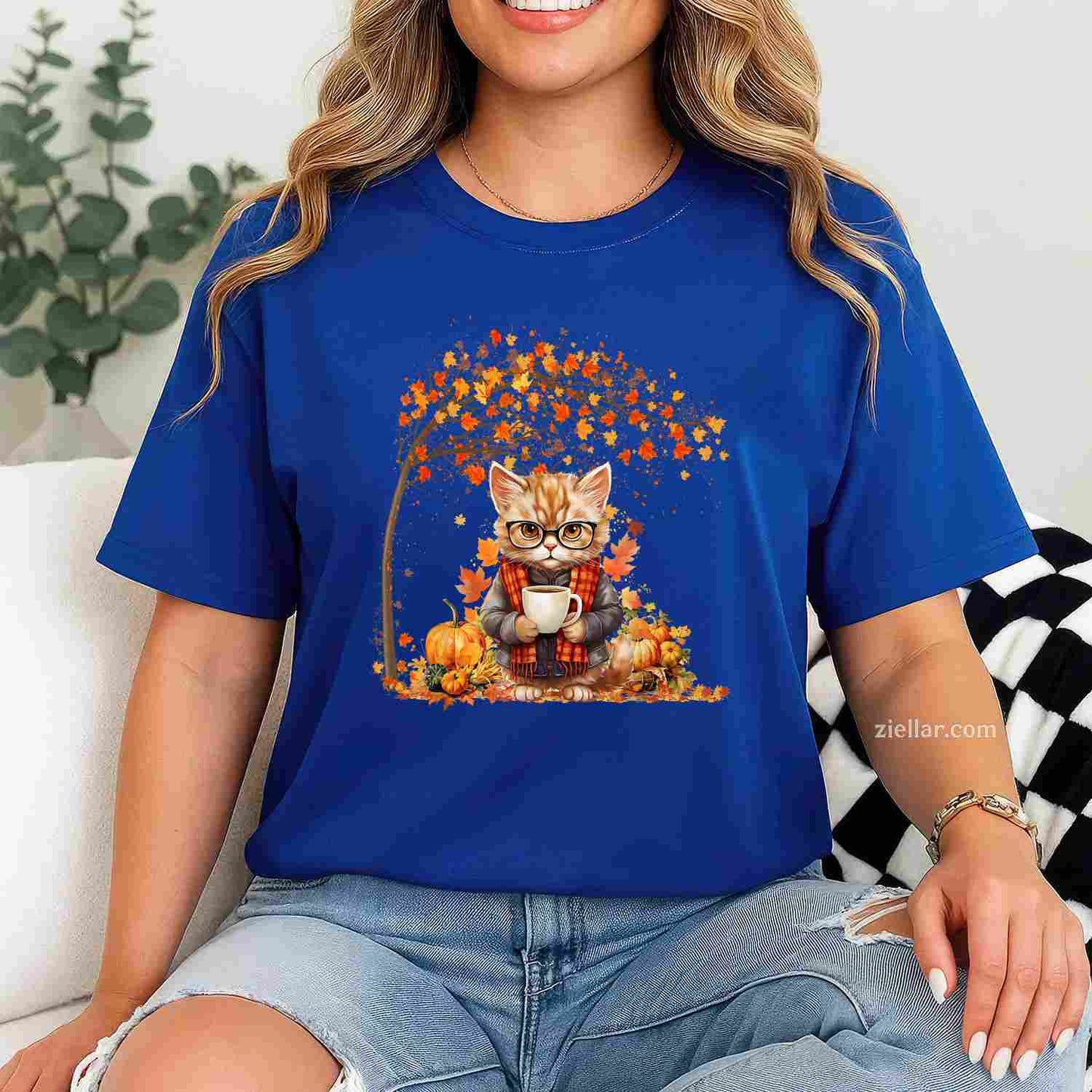 Cat Leaf Fall Hello Autumn Cat Kitten Lover Thanksgiving T-Shirt and Tee for Adults Men Women Unisex