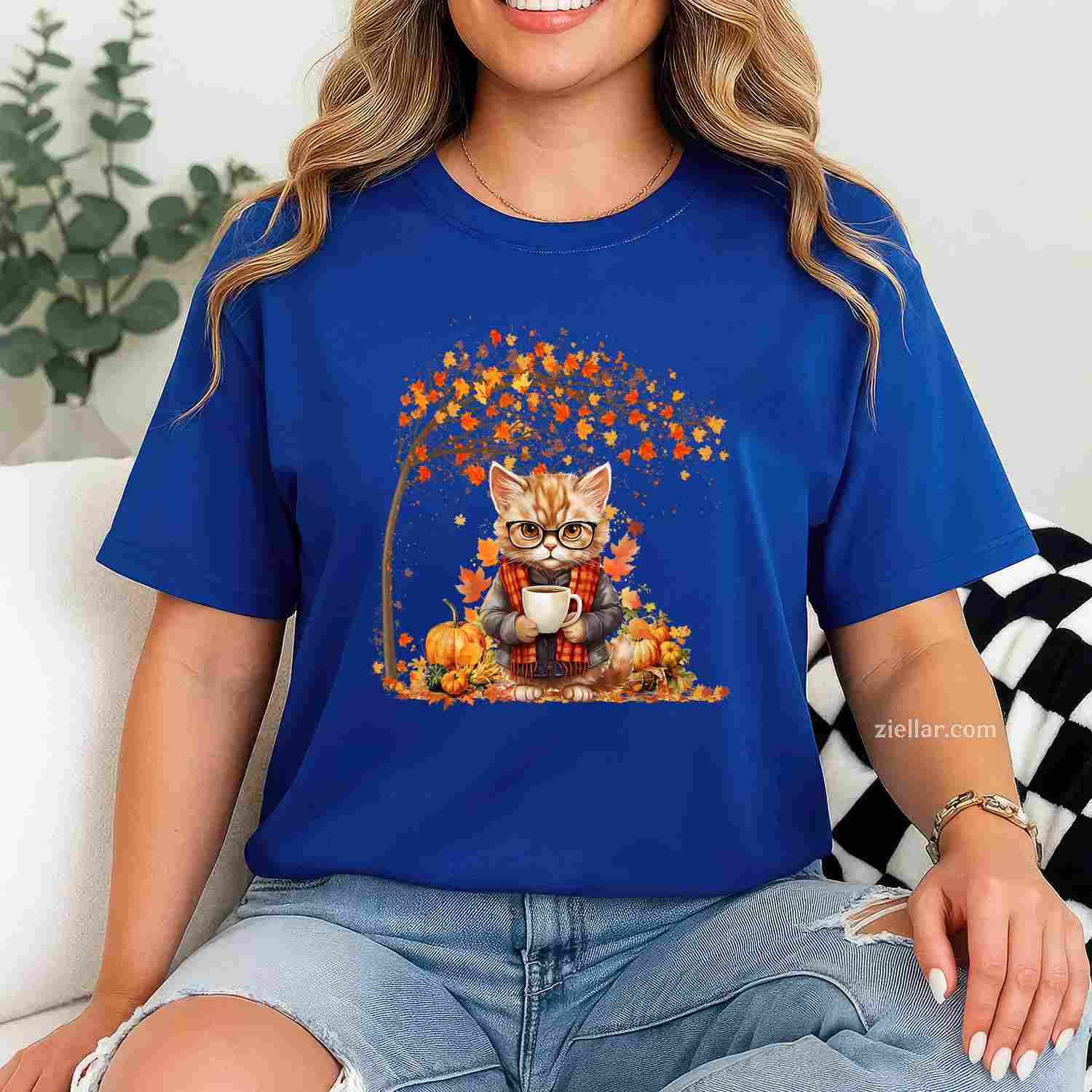 Cat Leaf Fall Hello Autumn Cat Kitten Lover Thanksgiving T-Shirt and Tee for Adults Men Women Unisex