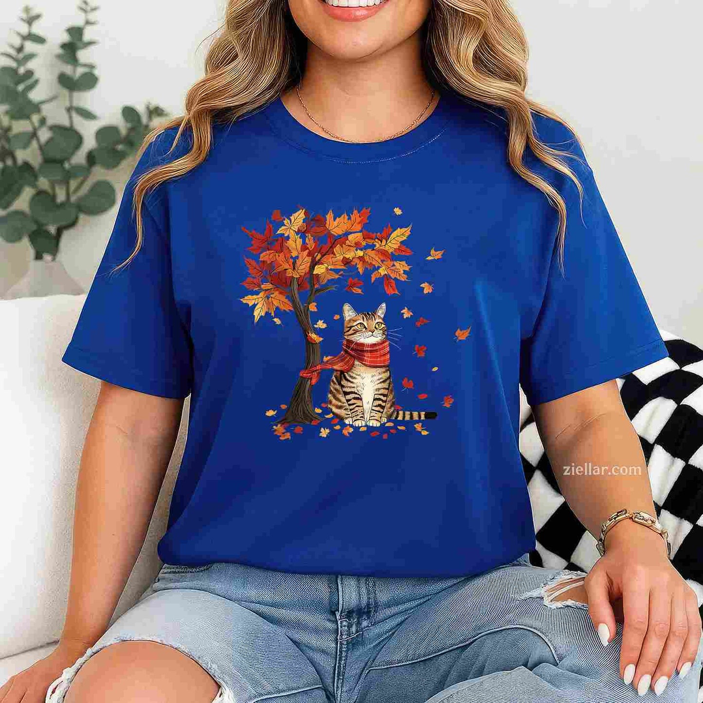 Cat Leaf Fall Tree Hello Autumn Thanksgiving It's Fall Y'all T-Shirt and Tee for Adults Men Women Unisex