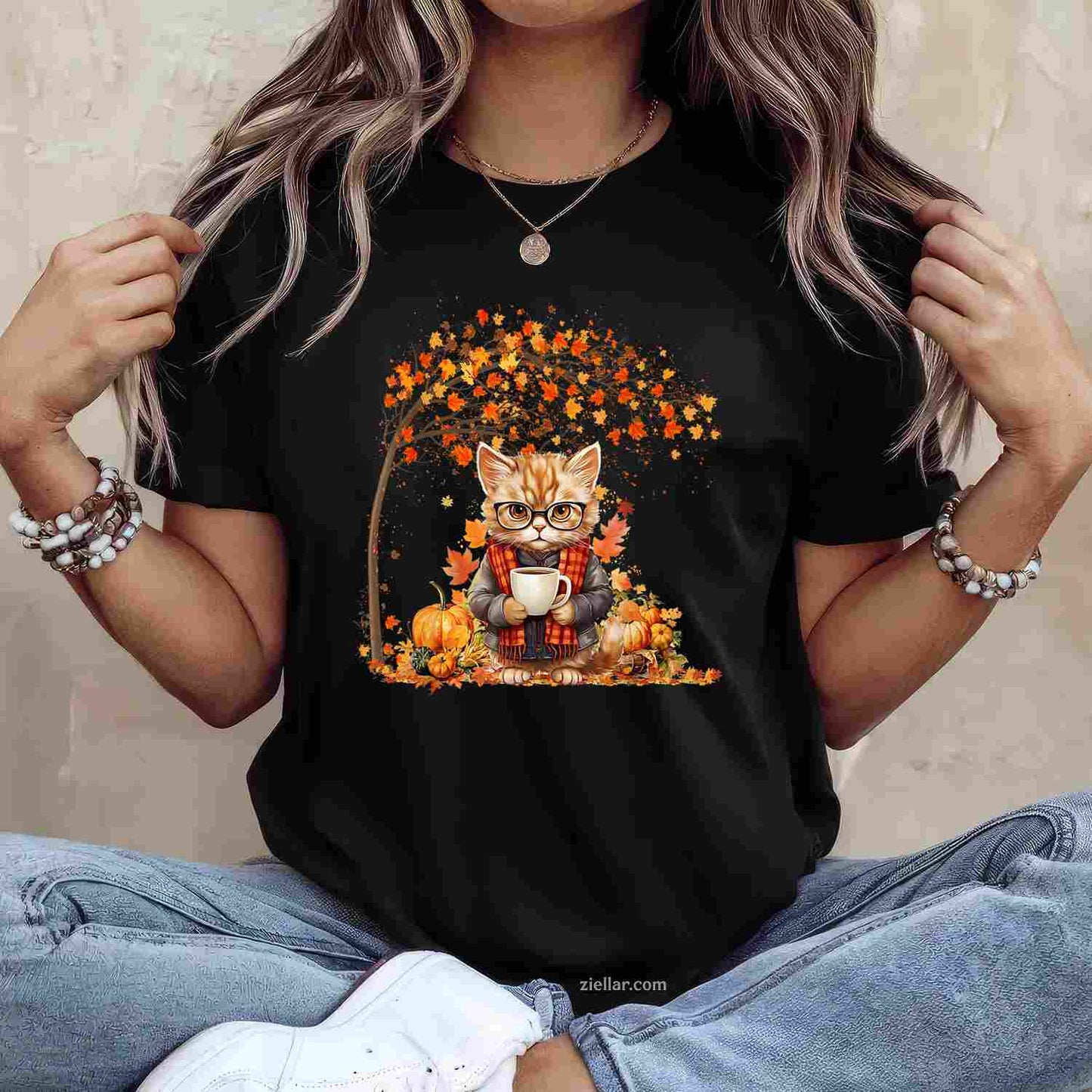 Cat Leaf Fall Hello Autumn Cat Kitten Lover Thanksgiving T-Shirt and Tee for Adults Men Women Unisex