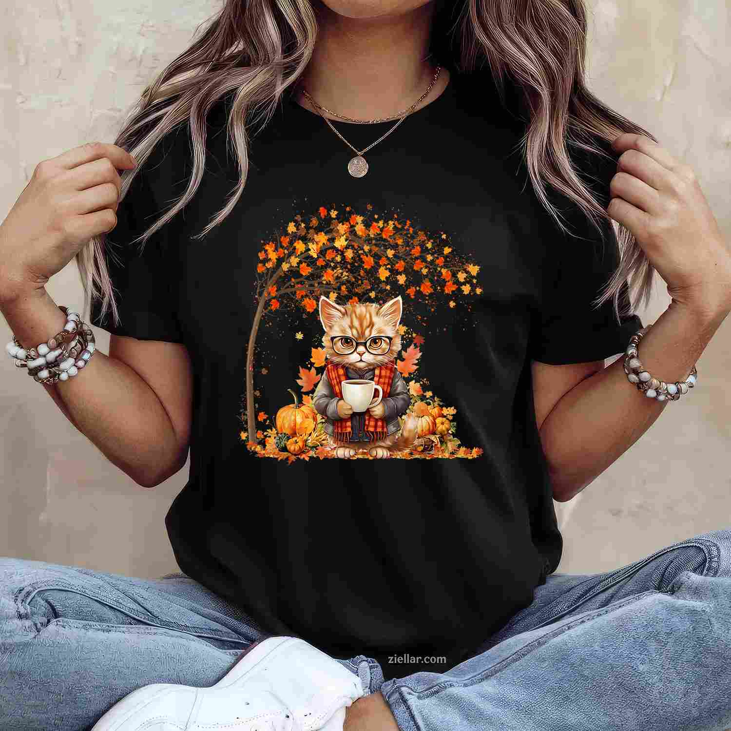 Cat Leaf Fall Hello Autumn Cat Kitten Lover Thanksgiving T-Shirt and Tee for Adults Men Women Unisex