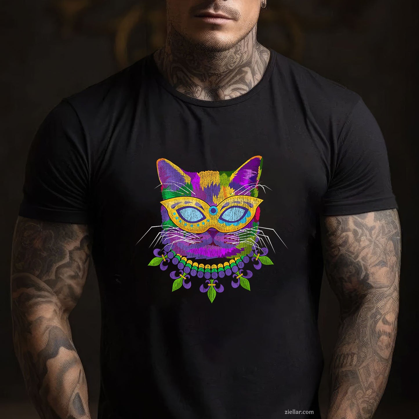 Cat in Mardi Gras Costume Tee and T-Shirt, Funny Feline Carnival T-Shirt Gift for Adults