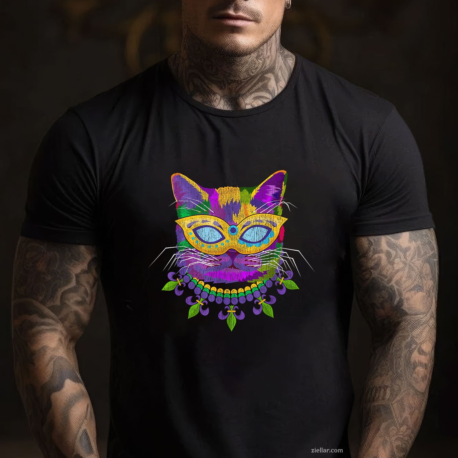 Cat in Mardi Gras Costume Tee and T-Shirt, Funny Feline Carnival T-Shirt Gift for Adults