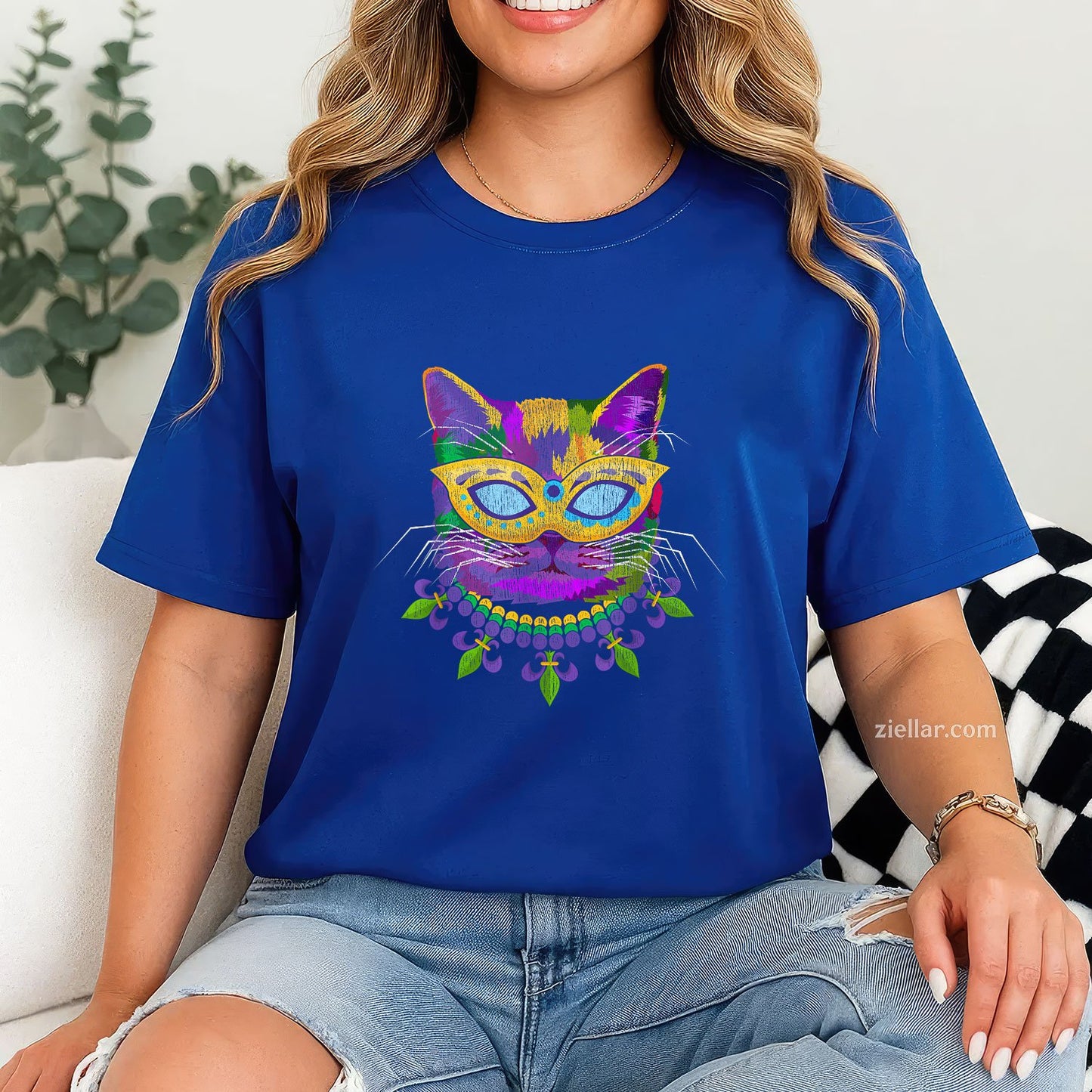 Cat in Mardi Gras Costume Tee and T-Shirt, Funny Feline Carnival T-Shirt Gift for Adults
