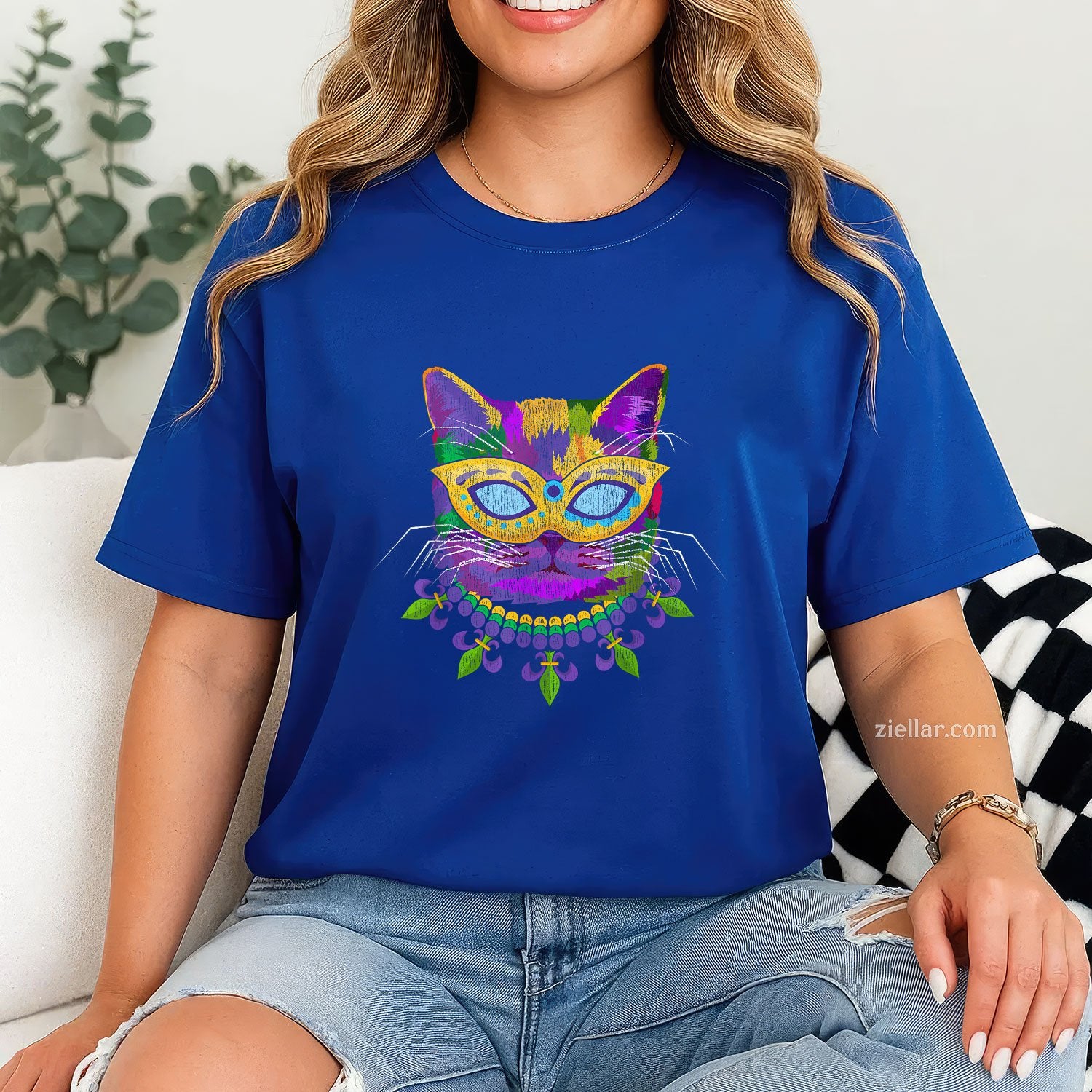 Cat in Mardi Gras Costume Tee and T-Shirt, Funny Feline Carnival T-Shirt Gift for Adults
