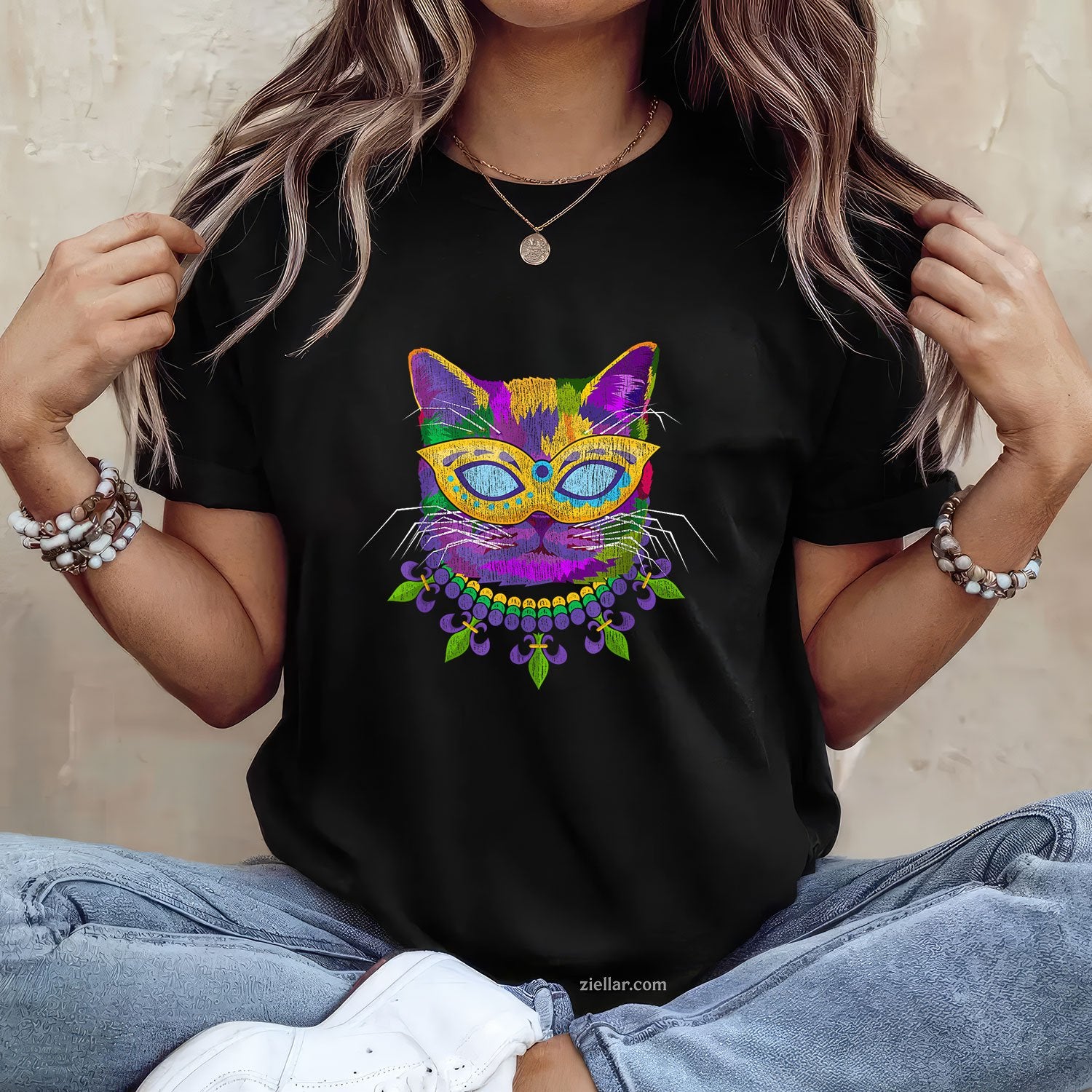 Cat in Mardi Gras Costume Tee and T-Shirt, Funny Feline Carnival T-Shirt Gift for Adults
