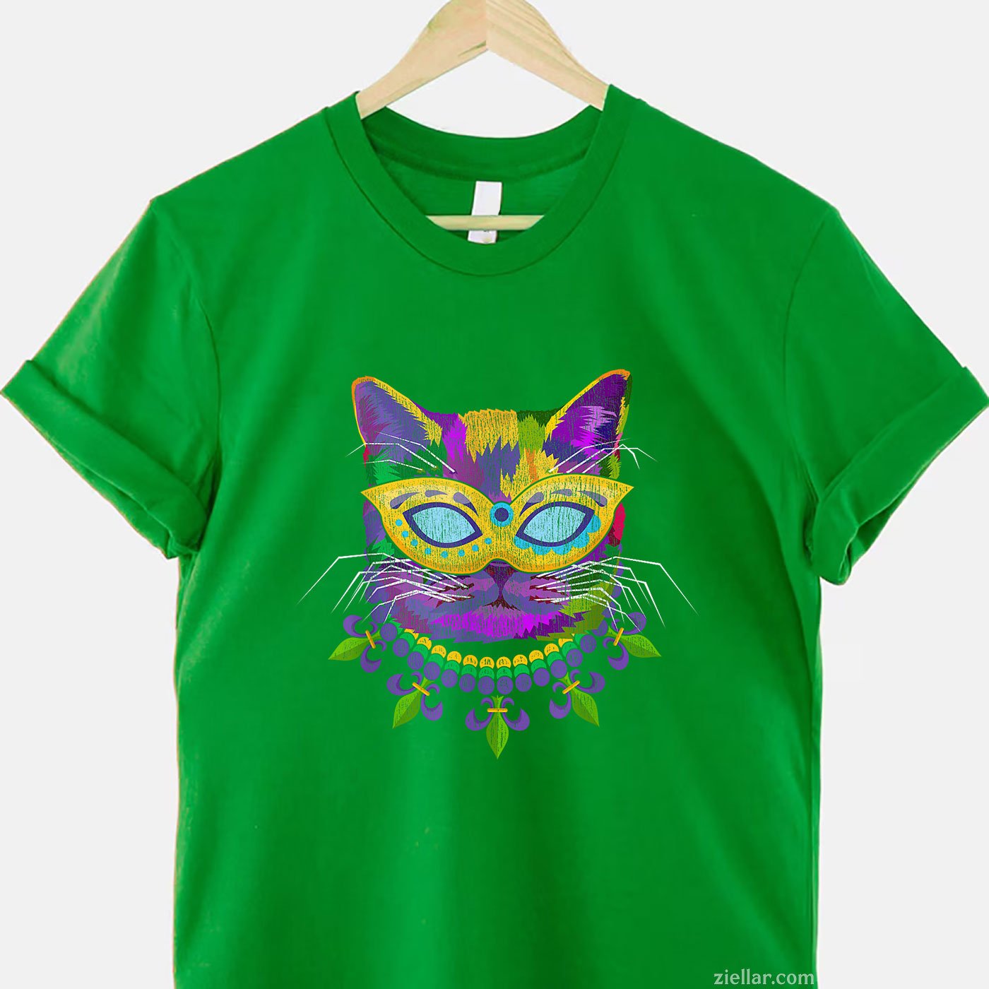 Cat in Mardi Gras Costume Tee and T-Shirt, Funny Feline Carnival T-Shirt Gift for Adults