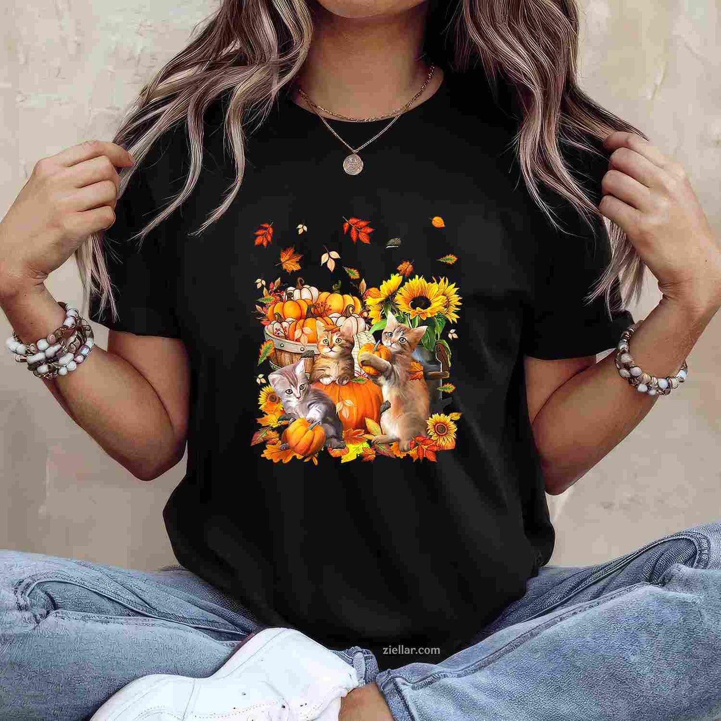 Cats Fall Autumn Pumpkins Thanksgiving Matching Sunflower T-Shirt and Tee for Adults Men Women Unisex