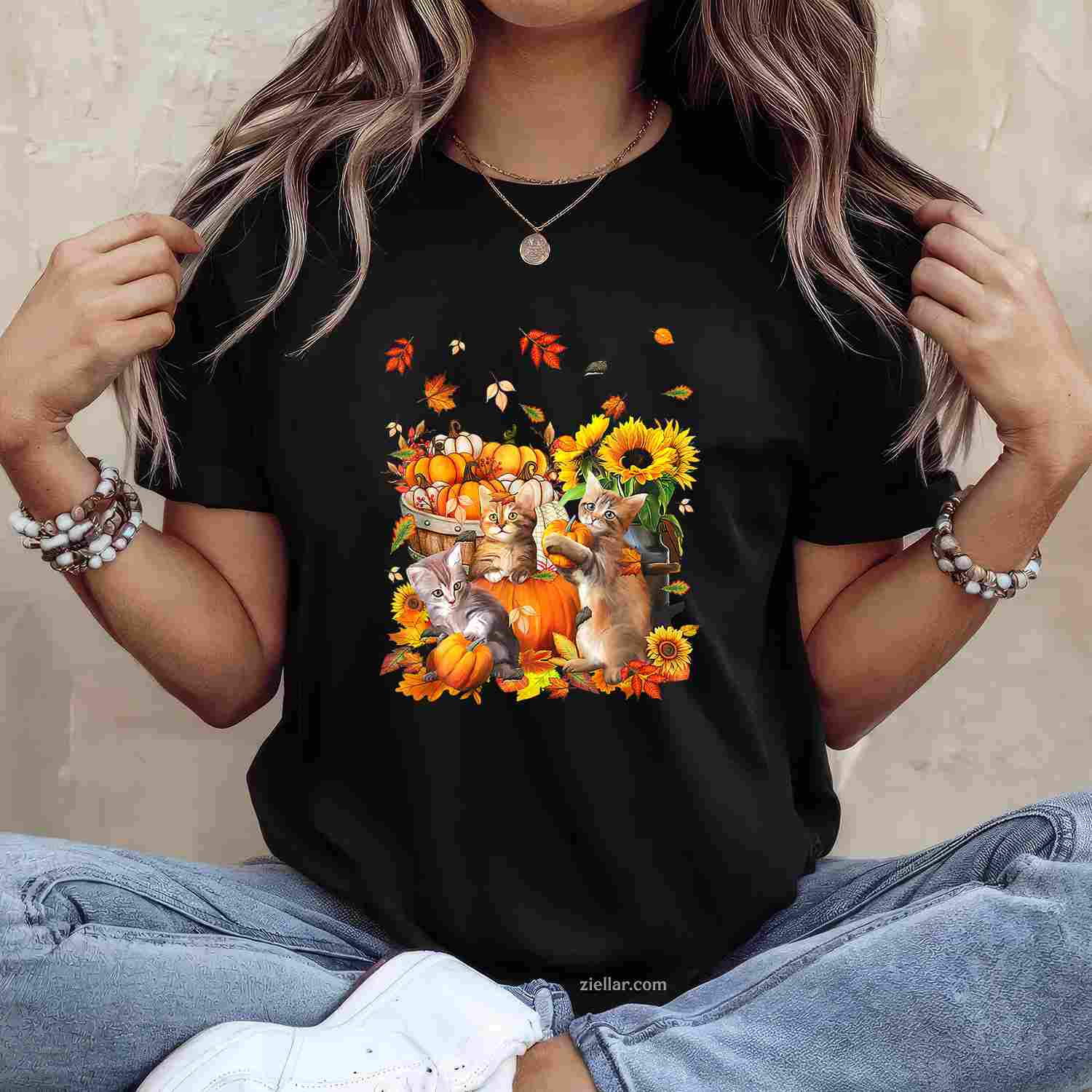 Cats Fall Autumn Pumpkins Thanksgiving Matching Sunflower T-Shirt and Tee for Adults Men Women Unisex
