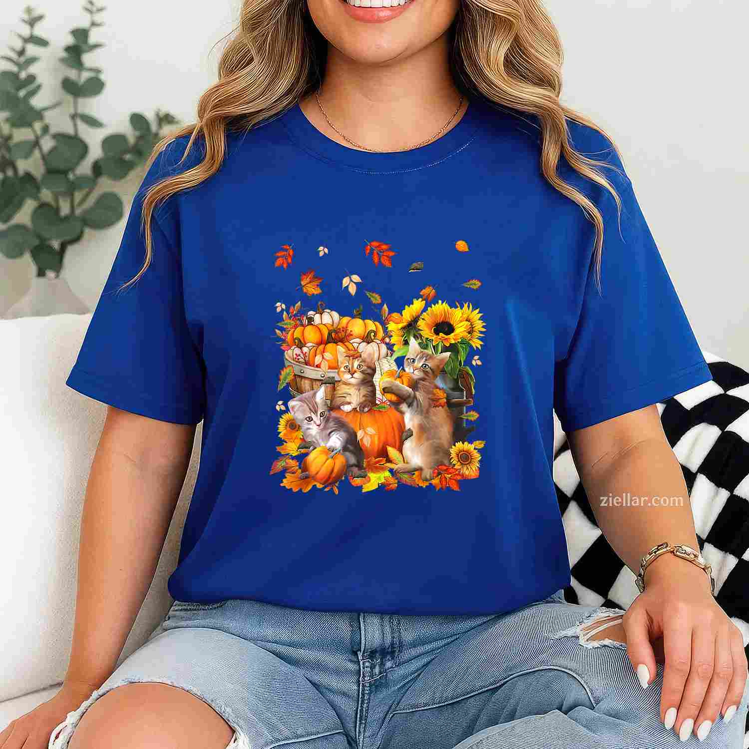 Cats Fall Autumn Pumpkins Thanksgiving Matching Sunflower T-Shirt and Tee for Adults Men Women Unisex