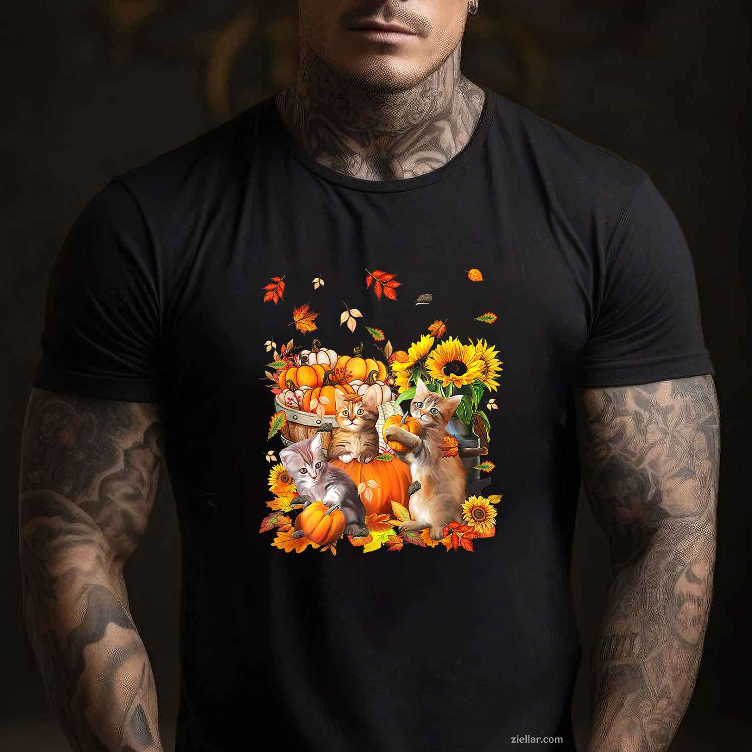 Cats Fall Autumn Pumpkins Thanksgiving Matching Sunflower T-Shirt and Tee for Adults Men Women Unisex