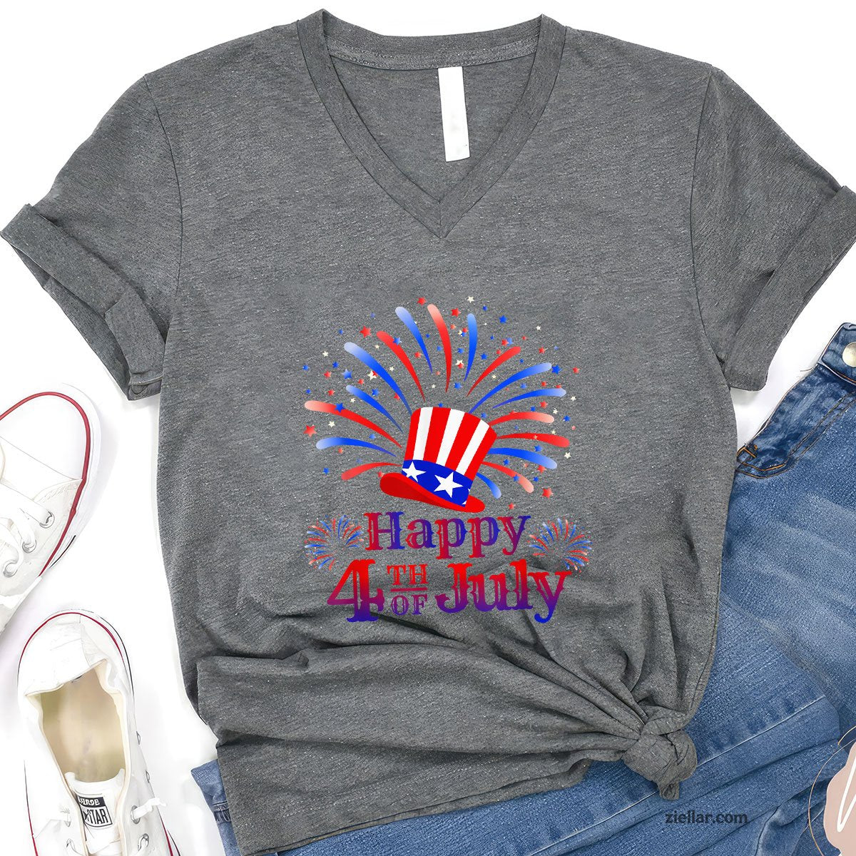 Celebrating Freedom V-Neck Shirt, Patriotic USA Independence Day Gift