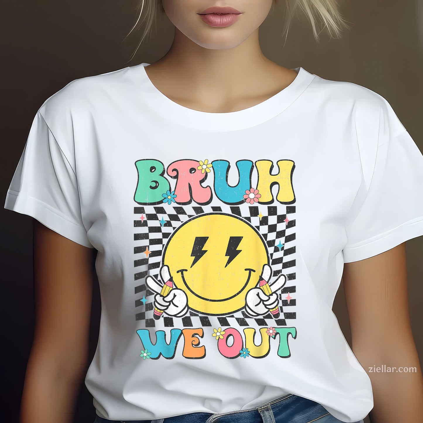 Checkered “Bruh We Out” Tee and T-Shirt, Teacher Summer Break T-Shirt Gift for Adults