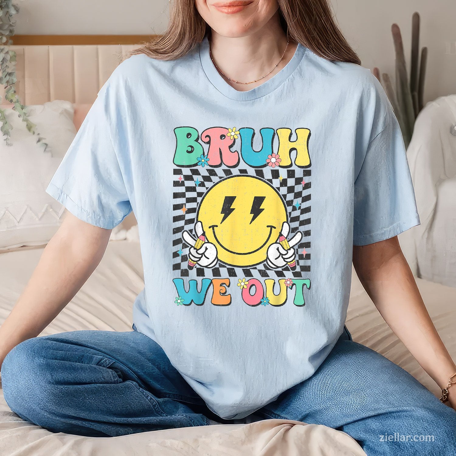 Checkered “Bruh We Out” Tee and T-Shirt, Teacher Summer Break T-Shirt Gift for Adults