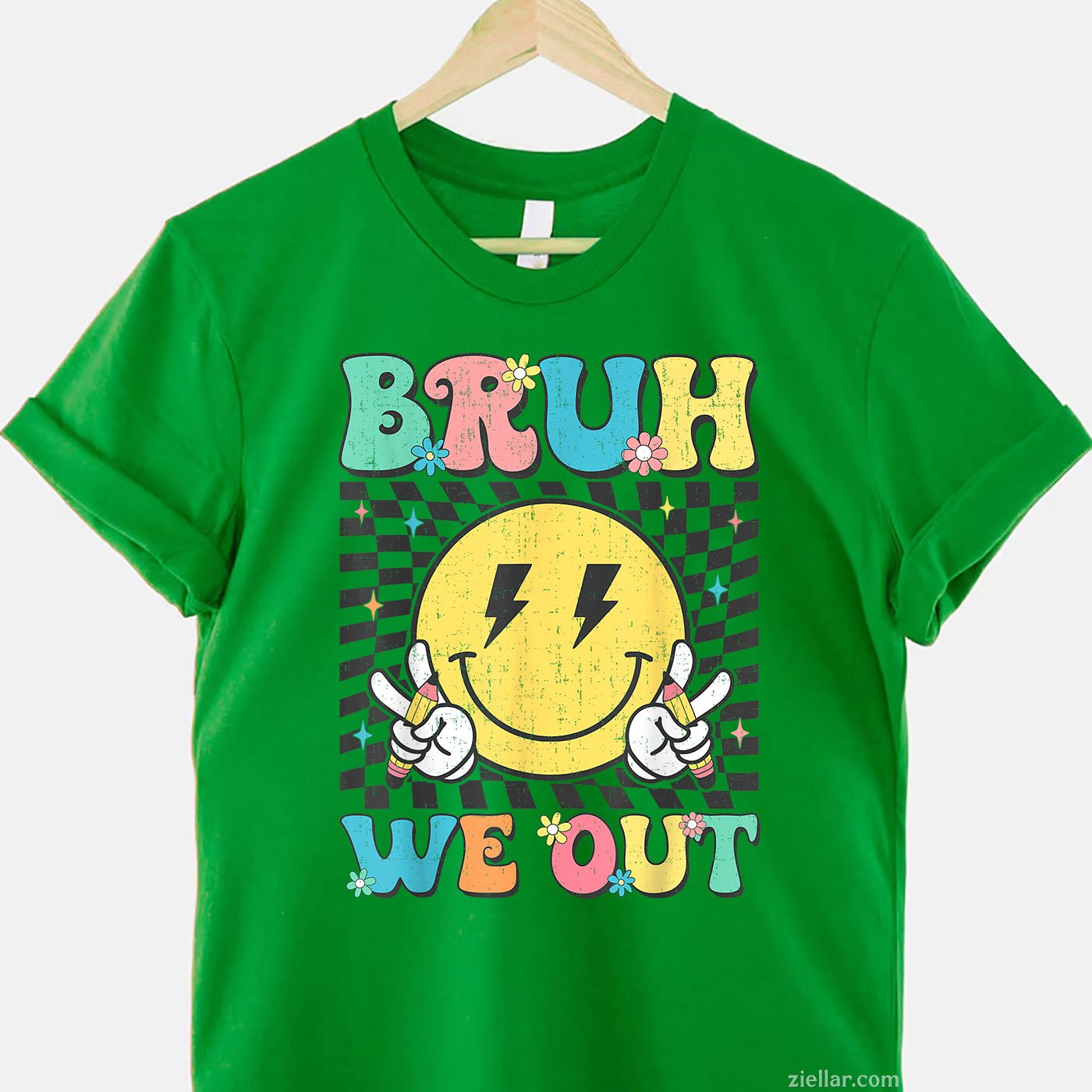 Checkered “Bruh We Out” Tee and T-Shirt, Teacher Summer Break T-Shirt Gift for Adults
