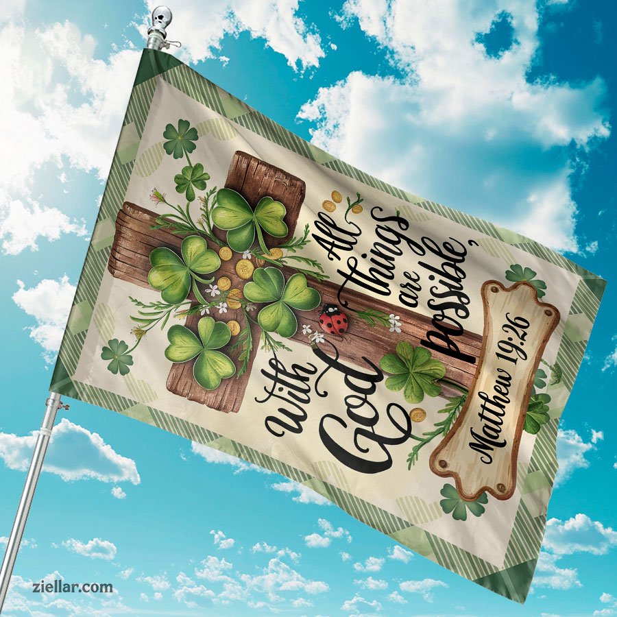 Christian Garden Flag God All Things Possible Cross Shamrock for Outdoor Decor