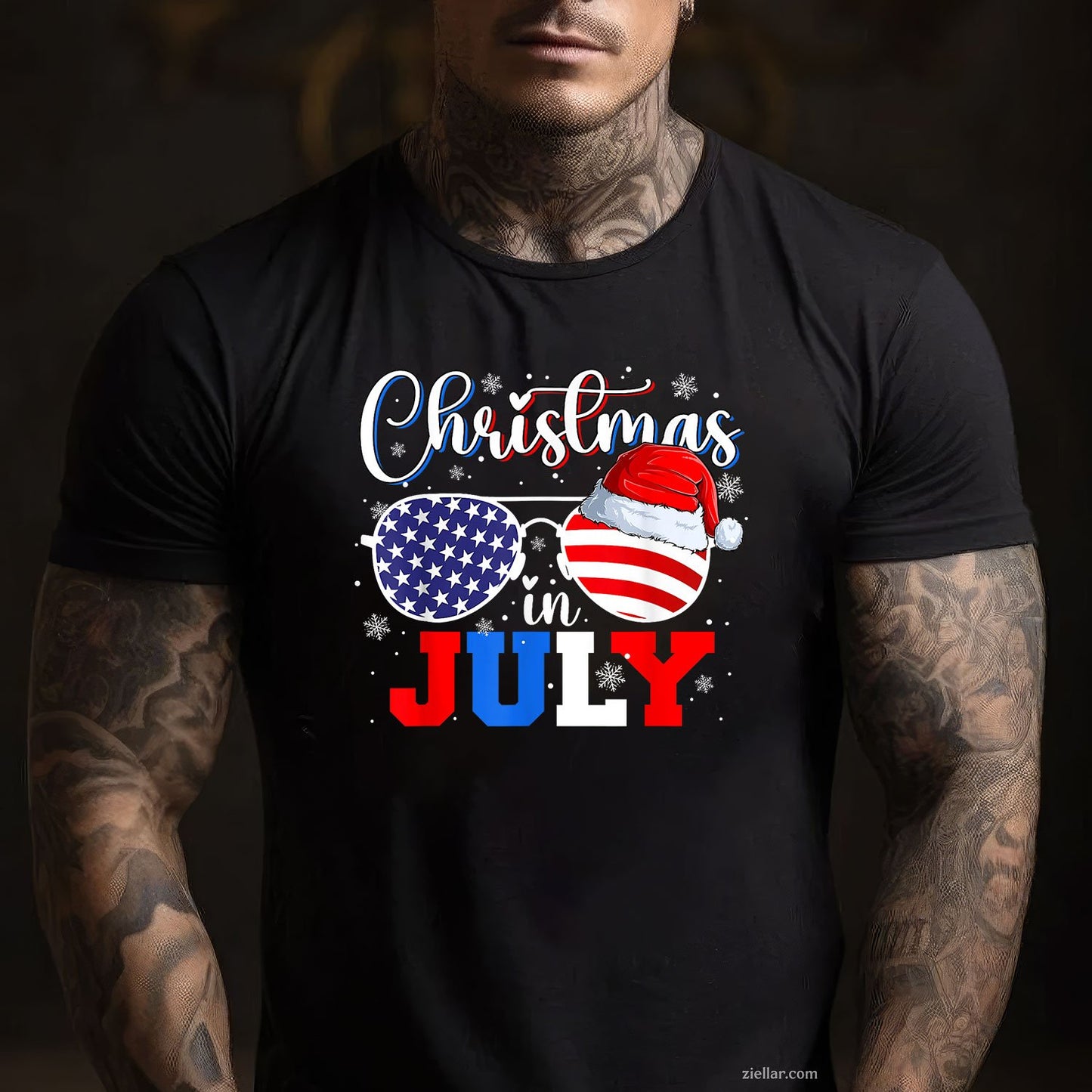 Christmas In July Santa Hat Sunglasses USA Flag 4th of